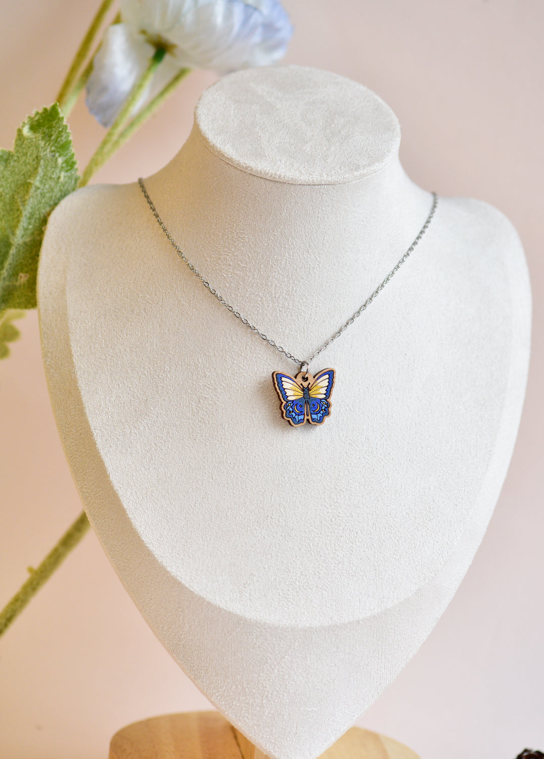 Hand Painted Wooden Crescent Butterfly Necklace - NO64268