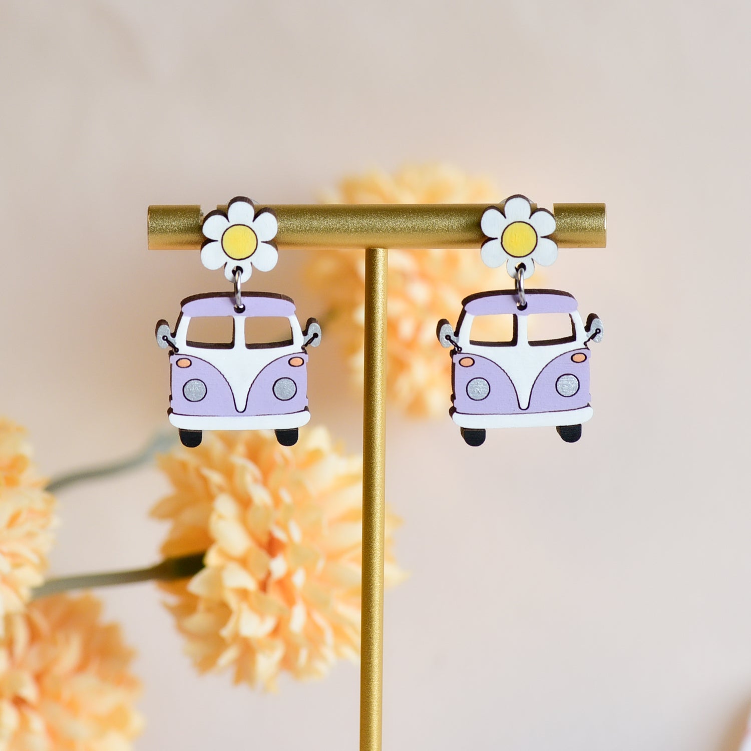 Hand-painted Wooden Purple Flower Caravan Car Drop Earrings - PET15507D