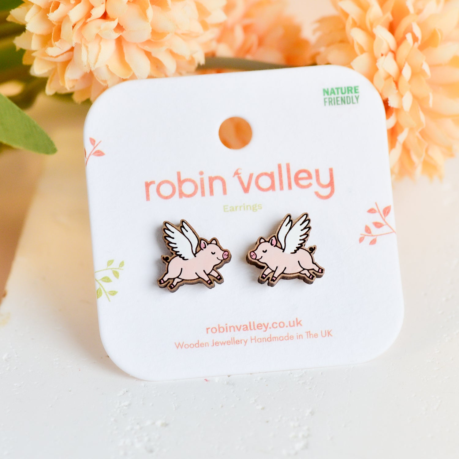 Hand-painted Flying Piggy Wooden Earrings