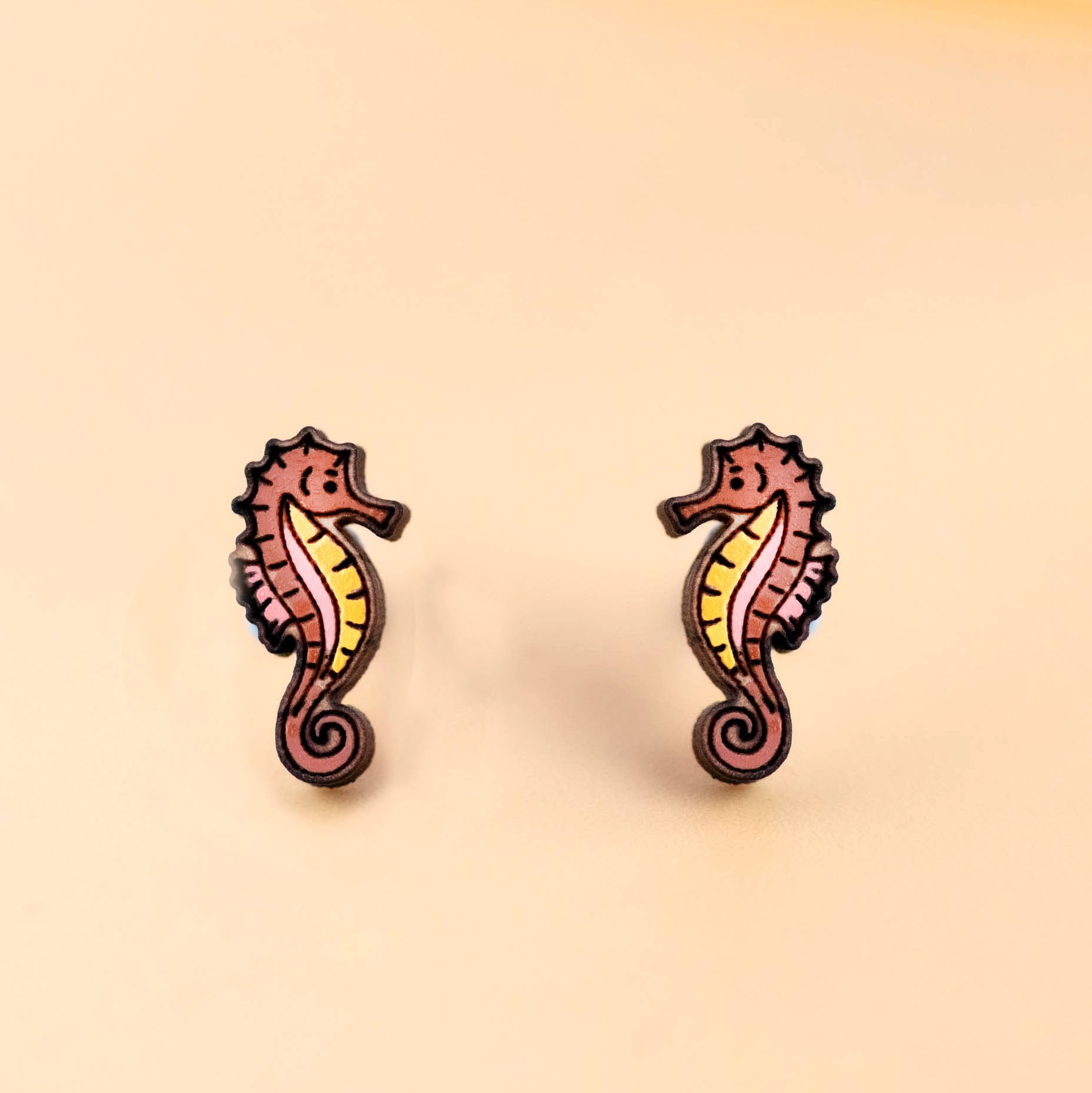 Hand-painted Seahorse Wooden Earrings - PES13015