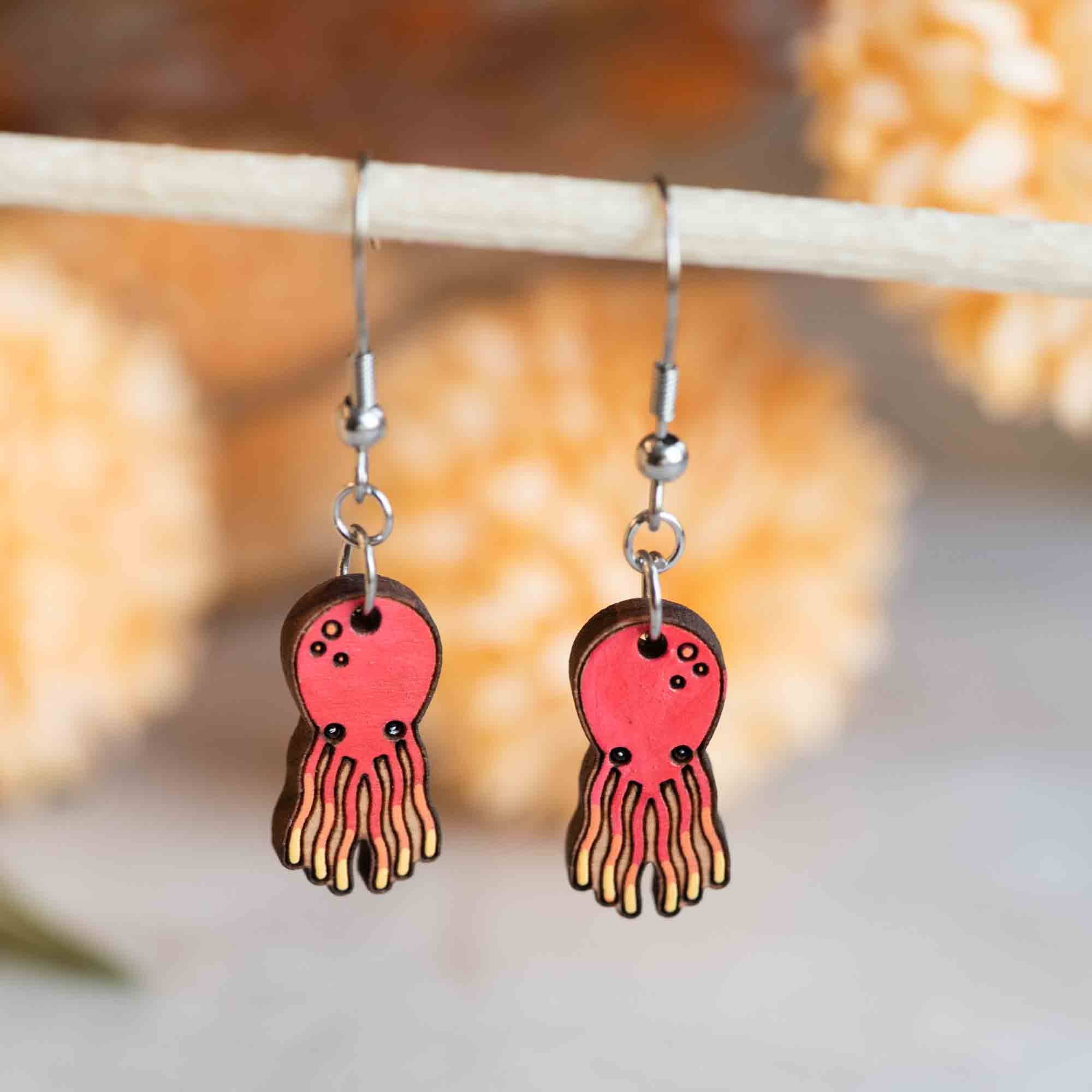 Hand-painted Red Octopus Dangling Earrings - PES13099