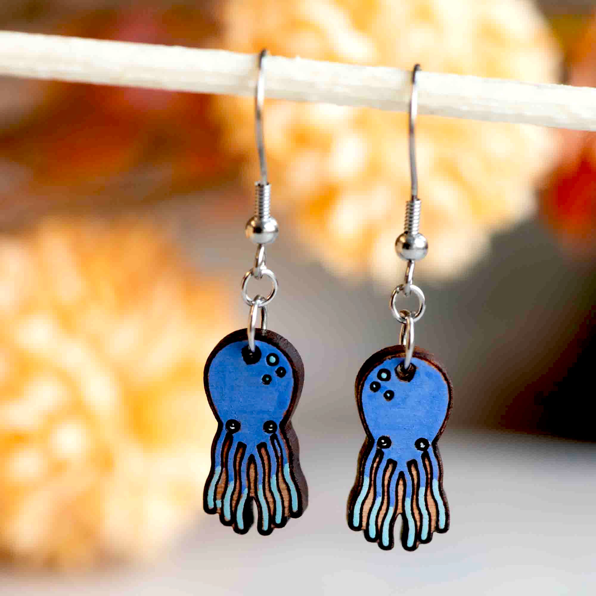 Hand-painted Blue Octopus Dangling Earrings - PES13100