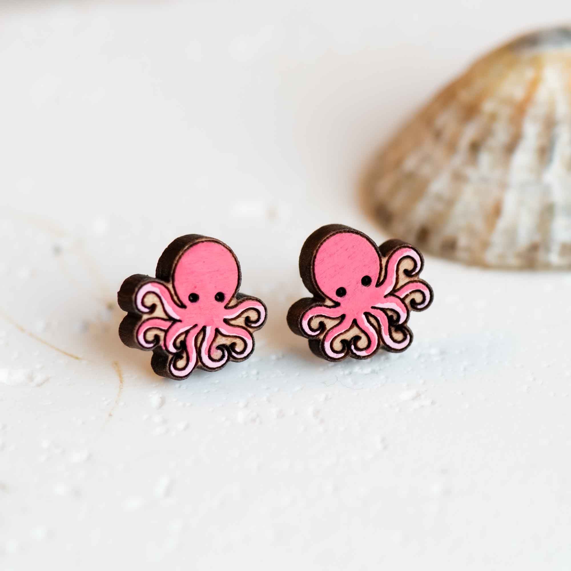 octopus stud earrings wooden earrings