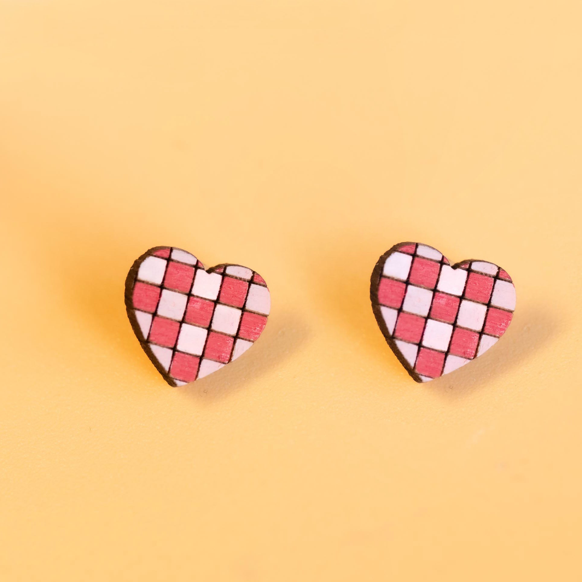 red check heart stud earrings