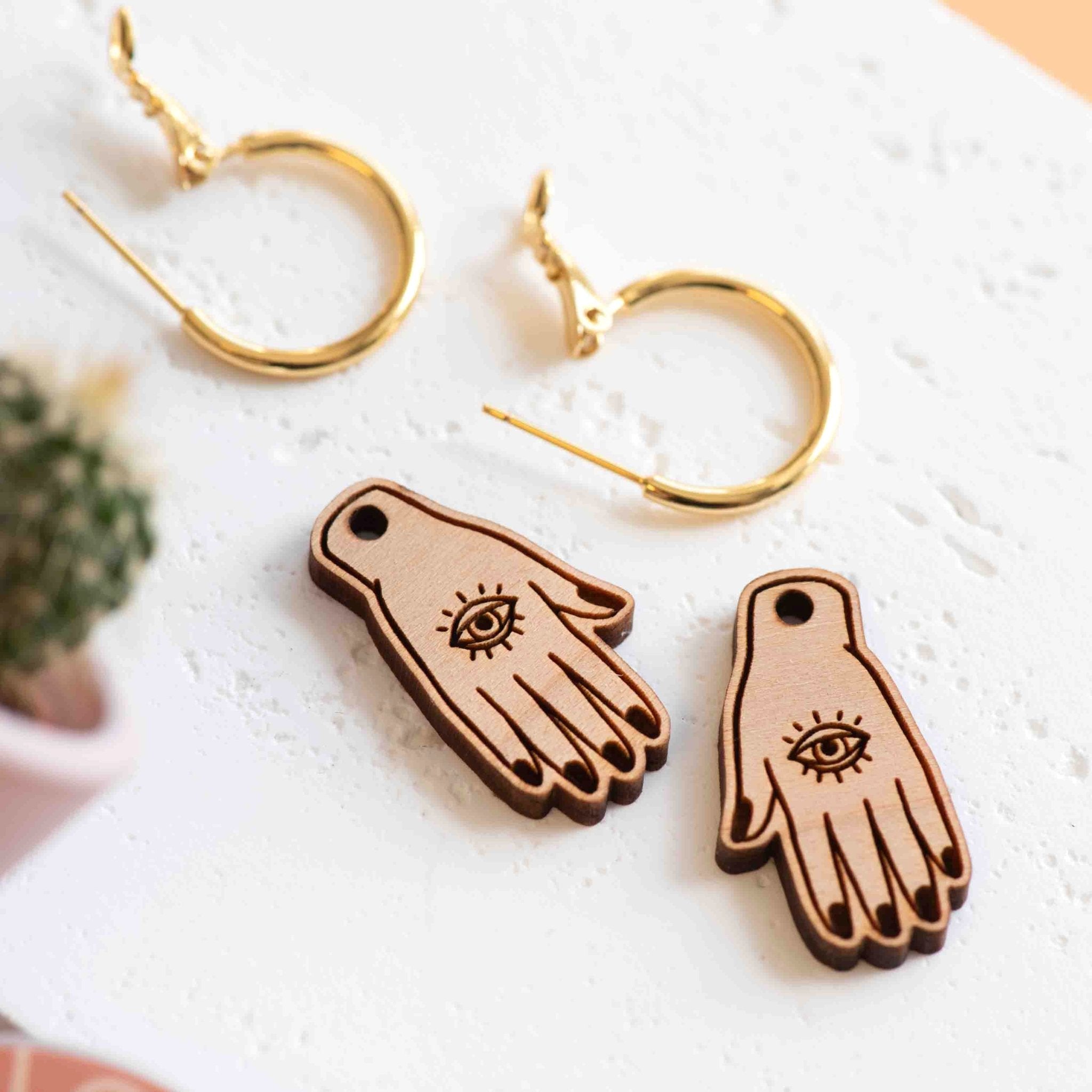 Cherry Wood Lucky Hamsa Palm Hoop Earrings - PET15118H - Robin Valley Official Store
