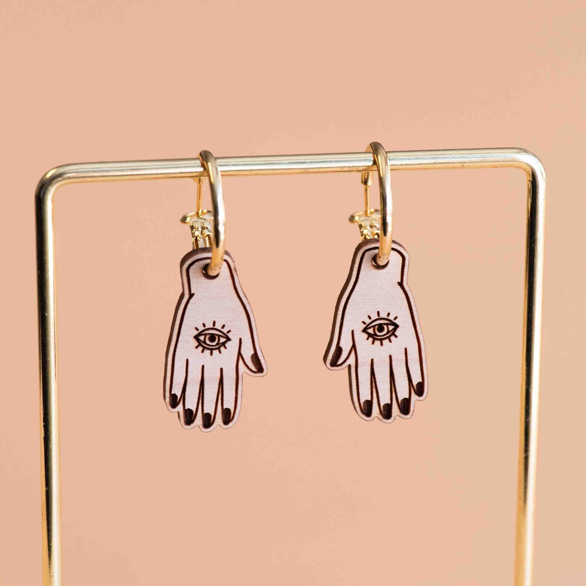 Cherry Wood Lucky Hamsa Palm Hoop Earrings - PET15118H - Robin Valley Official Store