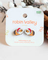 Pair of guinea pig earrings with Santa hats on a 'Robin Valley' branded card.