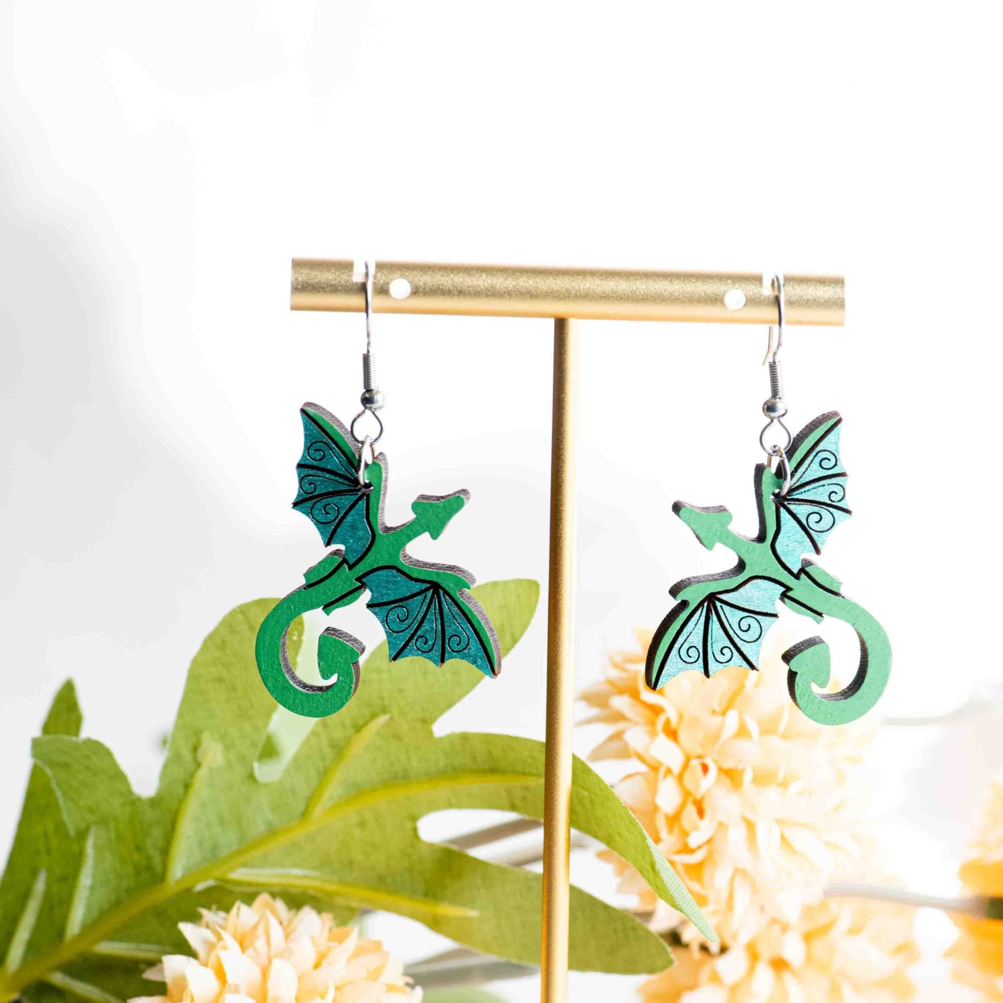 Green Flying Dragon Hook Earrings - PEO14262D - Robin Valley Official Store