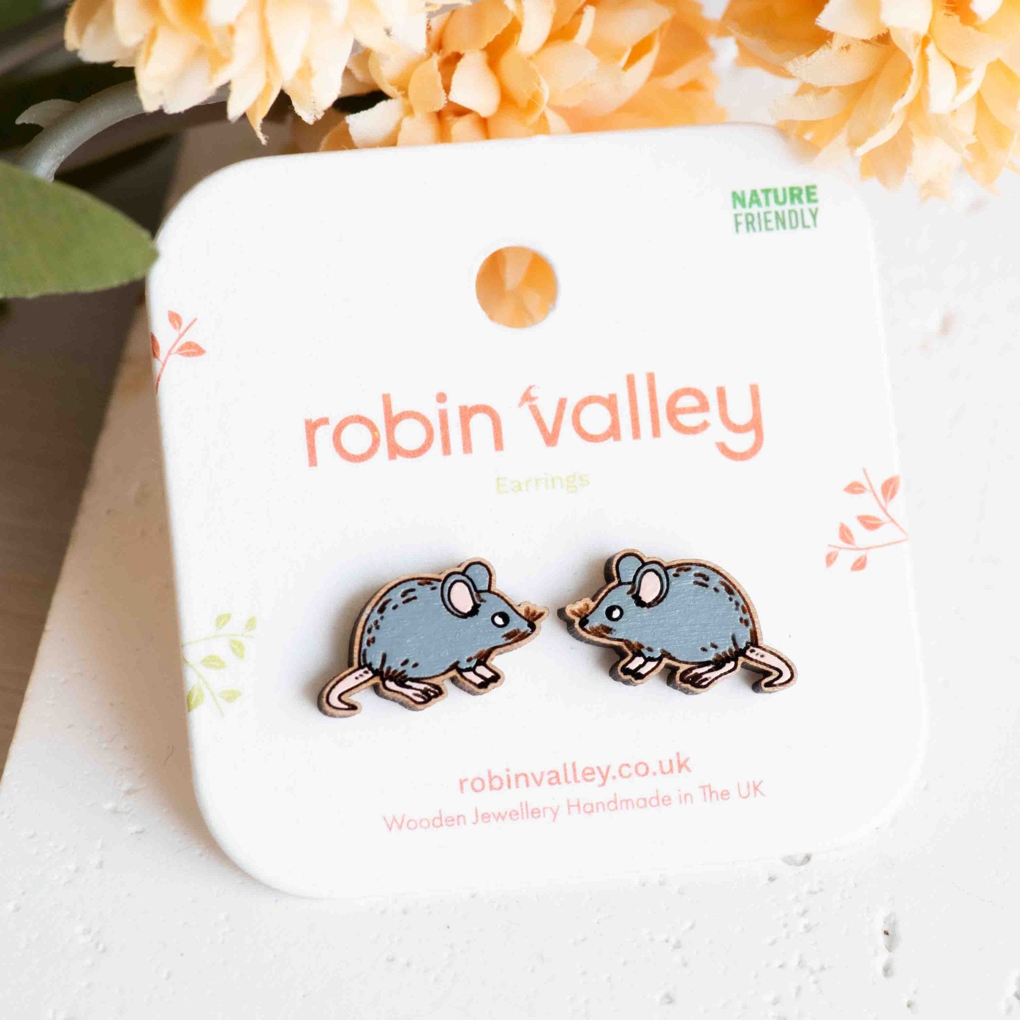 Grey Mouse Wooden Stud Earrings - Robin Valley Official Store