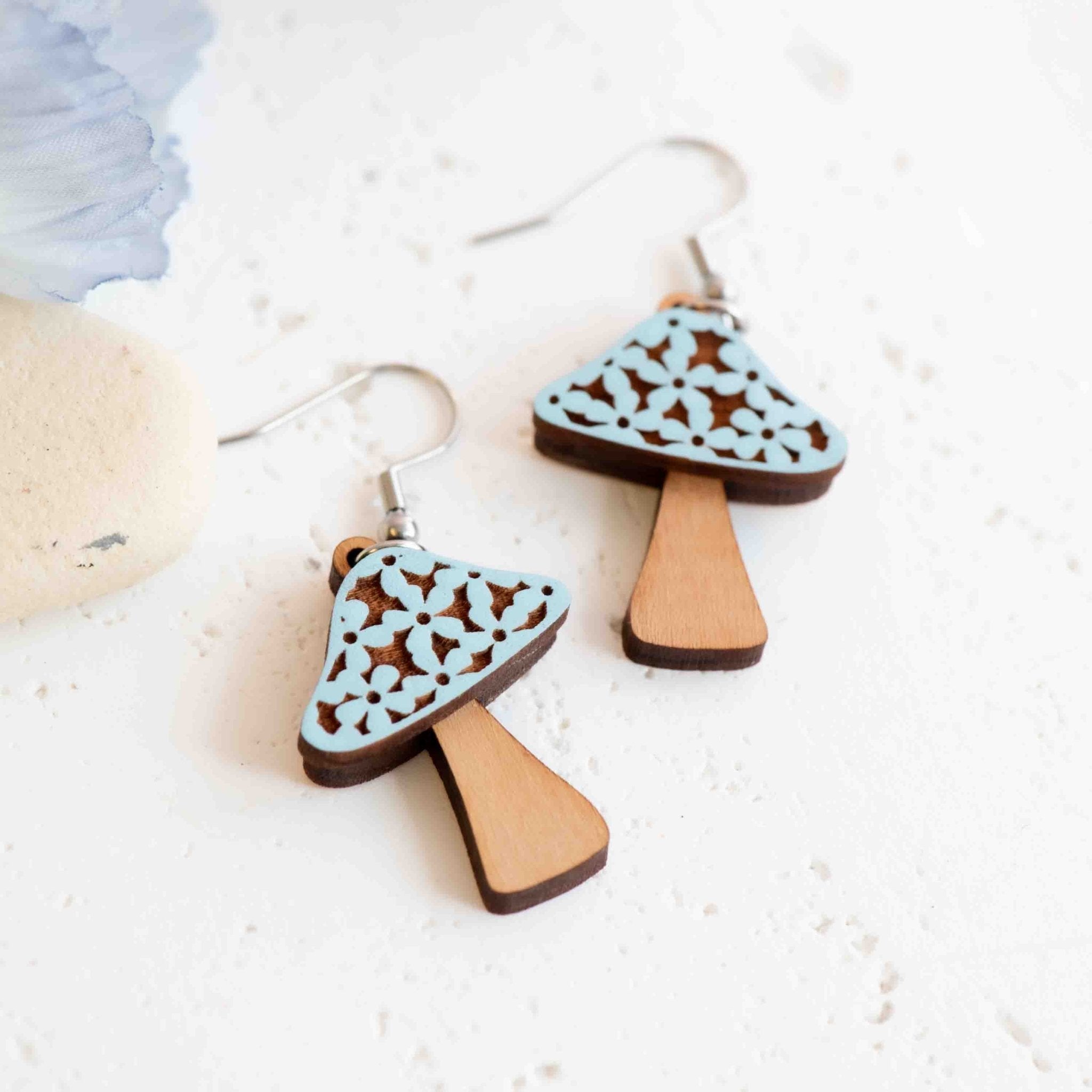Hand - painted 3D Flower Mushroom Hook Earrings - PEO14229D (Blue) - Robin Valley Official Store