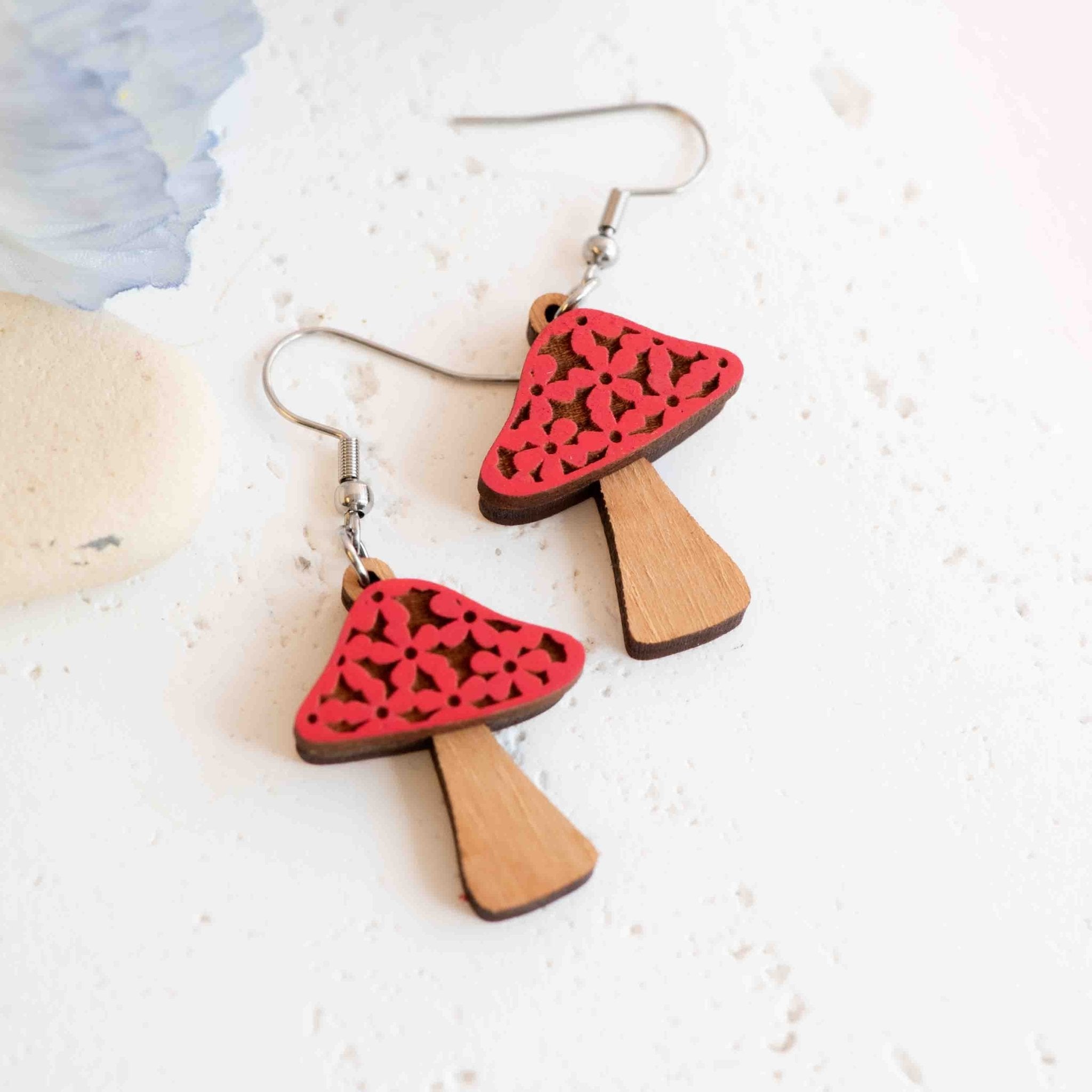 Hand - painted 3D Flower Mushroom Hook Earrings - PEO14230D (Red) - Robin Valley Official Store
