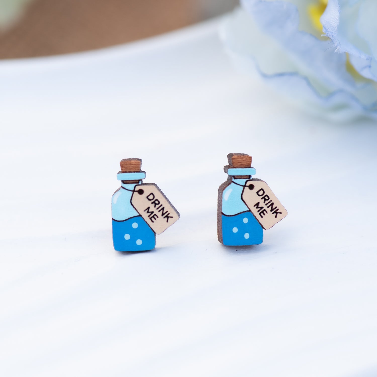Hand - painted Alice in Wonderland Drink Me Stud Wooden Earrings - Robin Valley Official Store