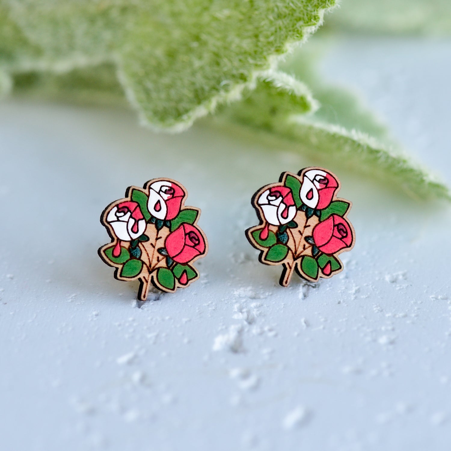 Hand - painted Alice in Wonderland Half - painted Rose Stud Wooden Earrings - Robin Valley Official Store