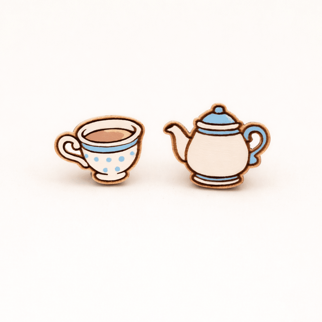 Hand - painted Alice In Wonderland Teapot Cup Stud Wooden Earrings - Robin Valley Official Store