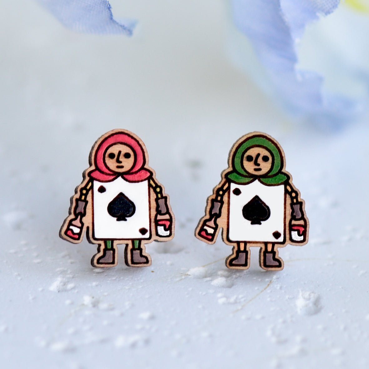 Hand - painted Alice In Wonderland the Two of Spades Stud Wooden Earrings - Robin Valley Official Store