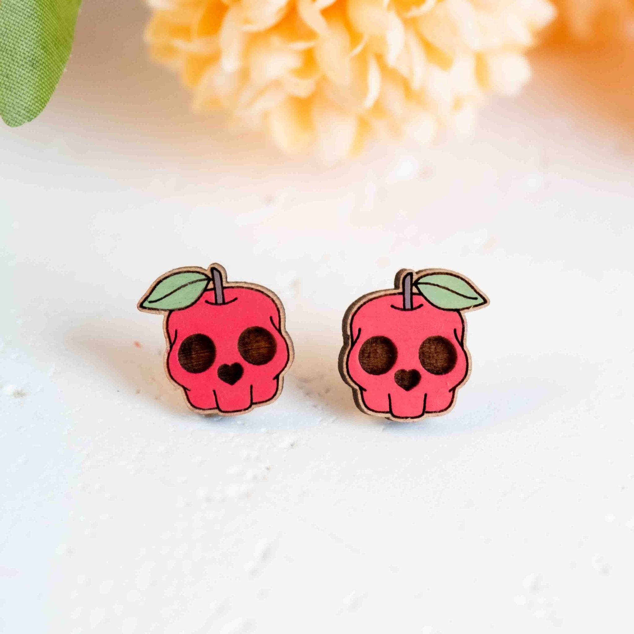 Hand - painted Apple Skull Wooden Stud Earrings - PET15501 - Robin Valley Official Store
