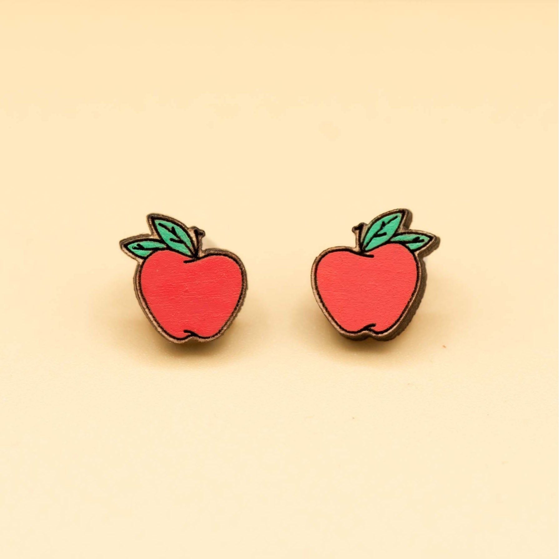 Hand Painted Apple Wooden Earrings - PEO14108 - Robin Valley Official Store