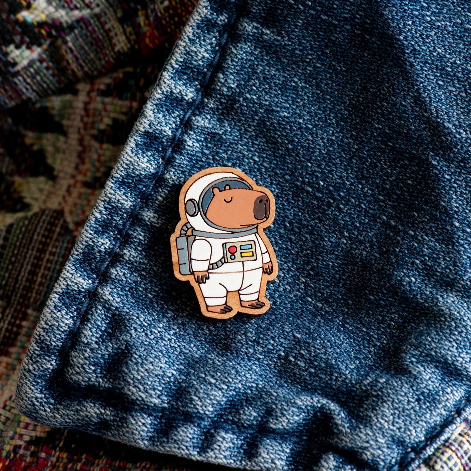 Hand - painted Astronaut Capybara Wooden Pin Badge - Robin Valley Official Store