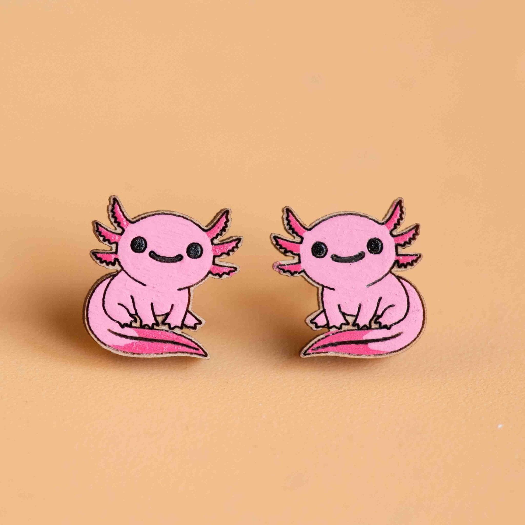 Hand - painted Axolotl Wooden Stud Earrings (Sitting / Pink) - PES13133 - Robin Valley Official Store