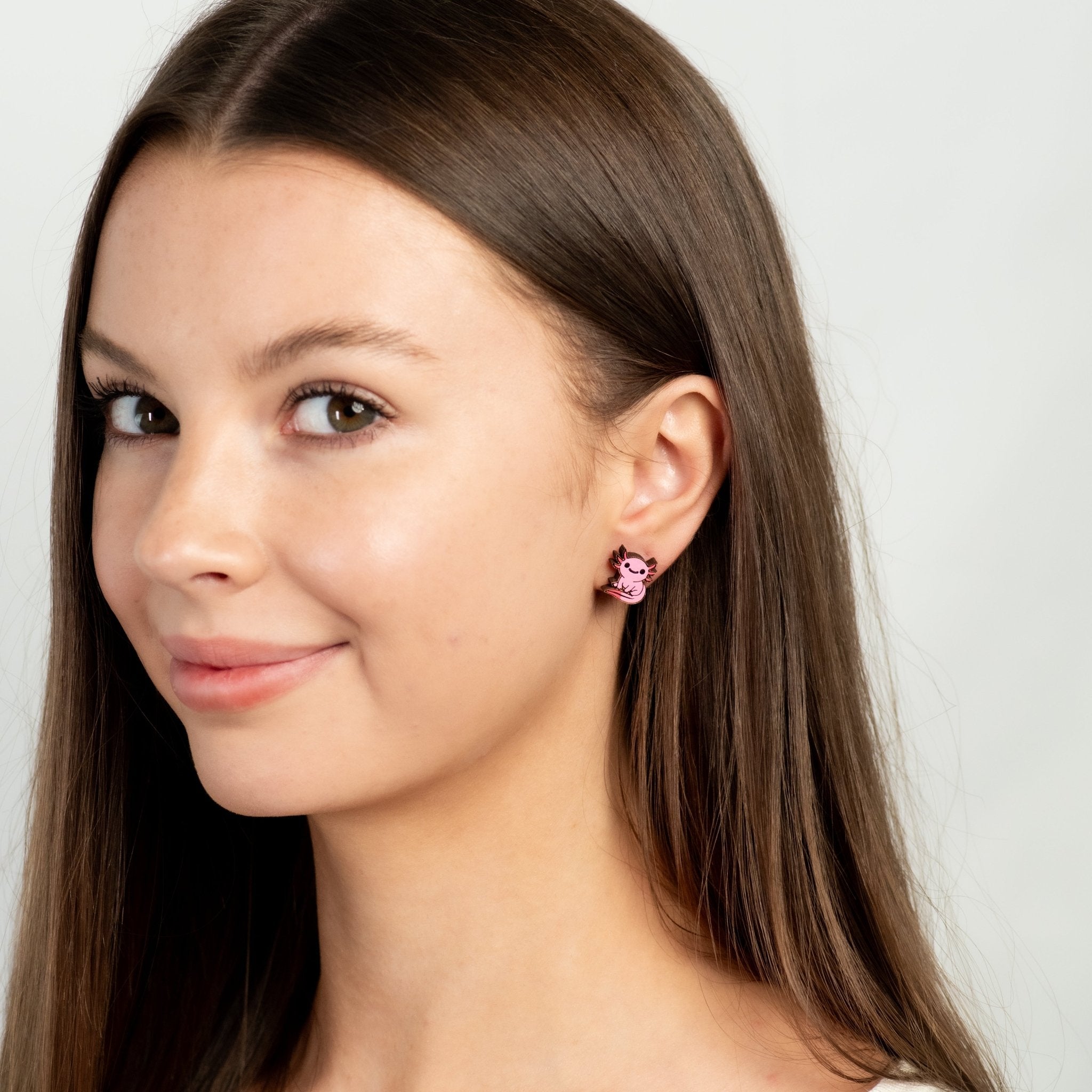 Hand - painted Axolotl Wooden Stud Earrings (Sitting / Pink) - PES13133 - Robin Valley Official Store