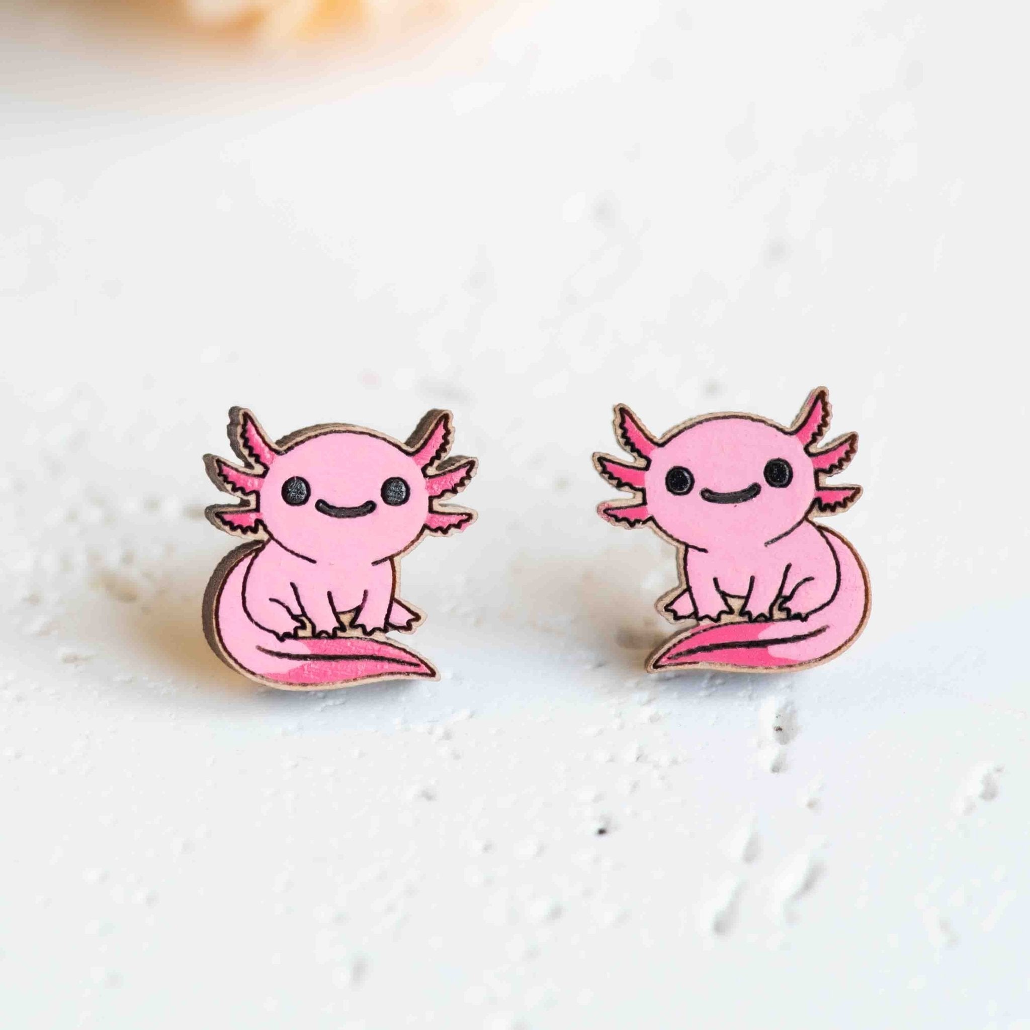 Hand - painted Axolotl Wooden Stud Earrings (Sitting / Pink) - PES13133 - Robin Valley Official Store