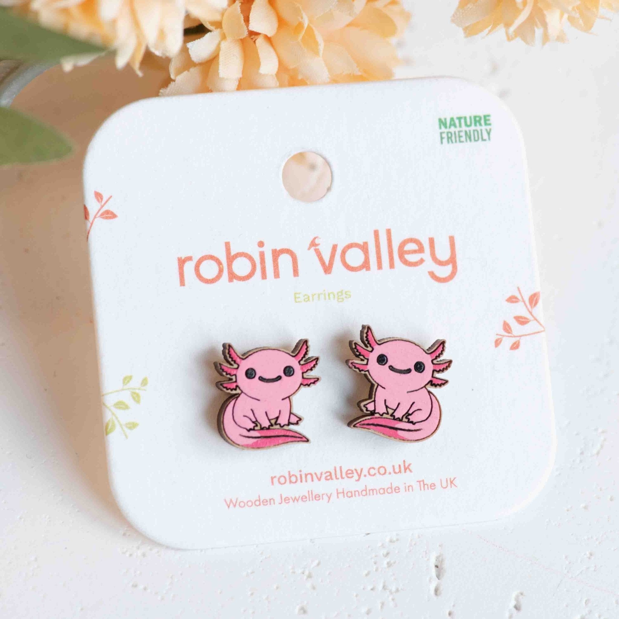 Hand - painted Axolotl Wooden Stud Earrings (Sitting / Pink) - PES13133 - Robin Valley Official Store