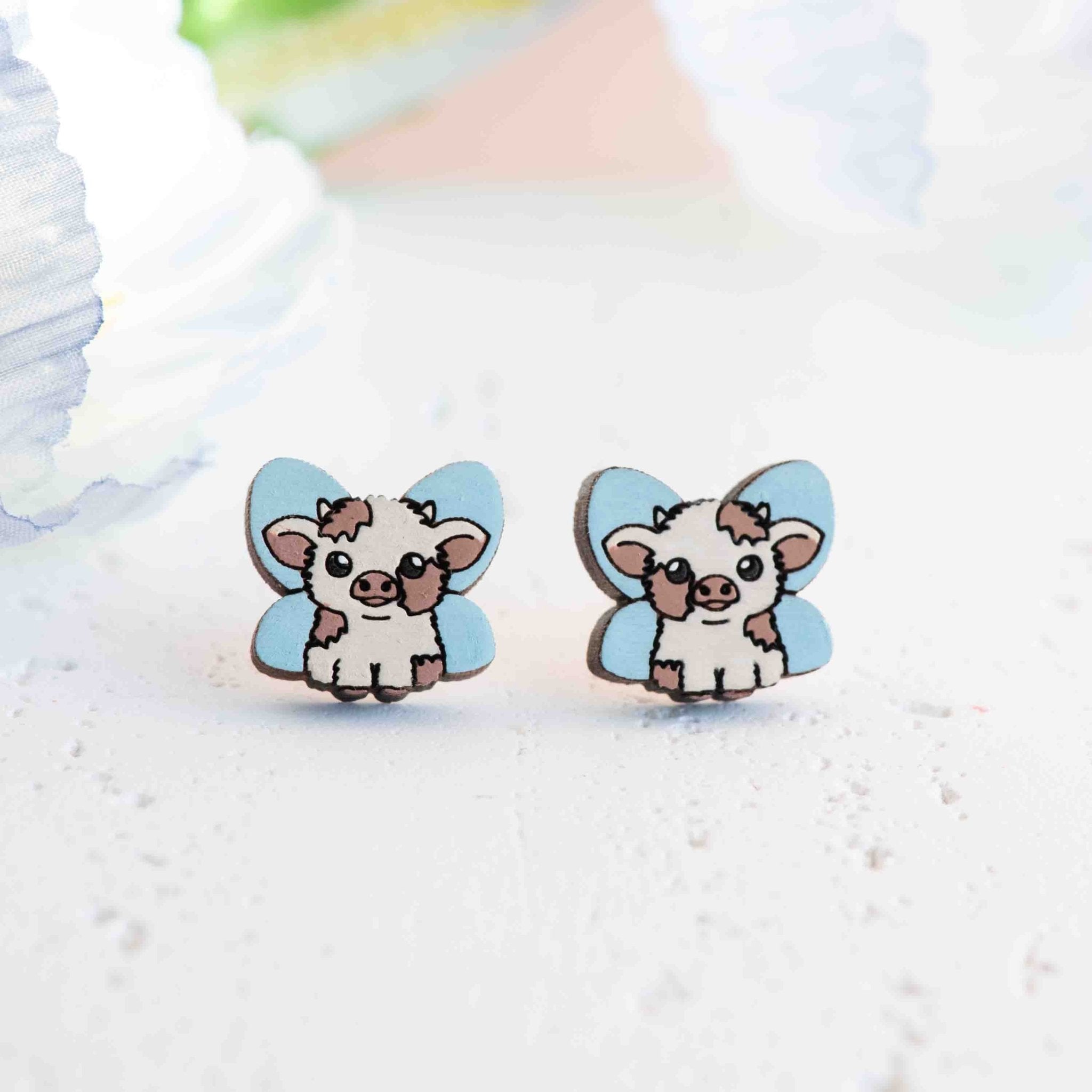 Hand - painted Baby Fairy Cow Wooden Stud Earrings - PEL10415 - Robin Valley Official Store
