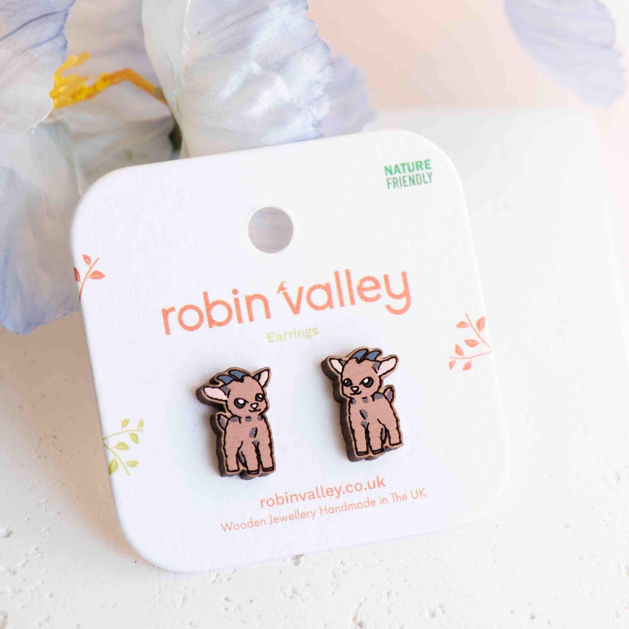 Hand - painted Baby Goat Wooden Stud Earrings - PEL10416 / PEL10417 - Robin Valley Official Store