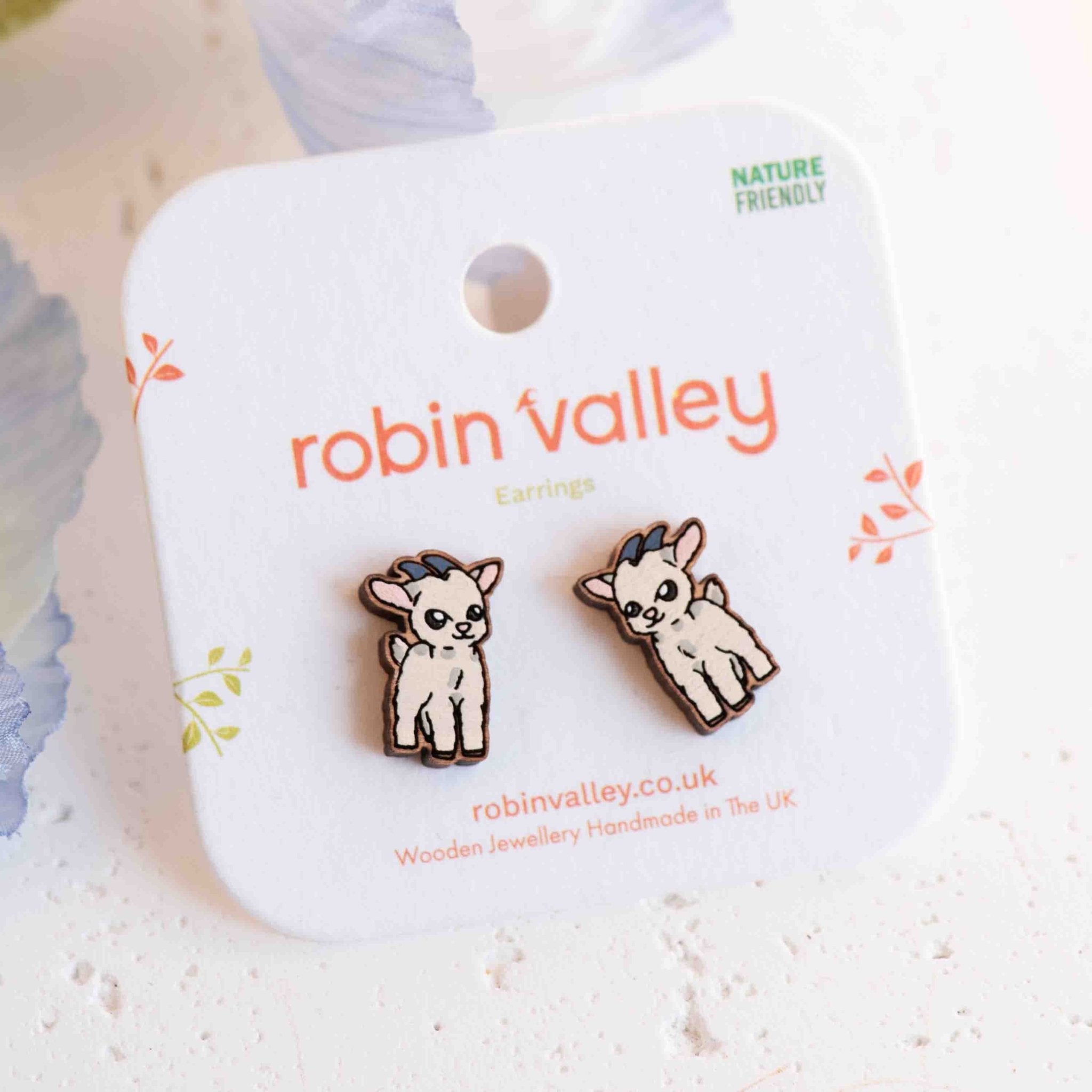Hand - painted Baby Goat Wooden Stud Earrings - PEL10416 / PEL10417 - Robin Valley Official Store