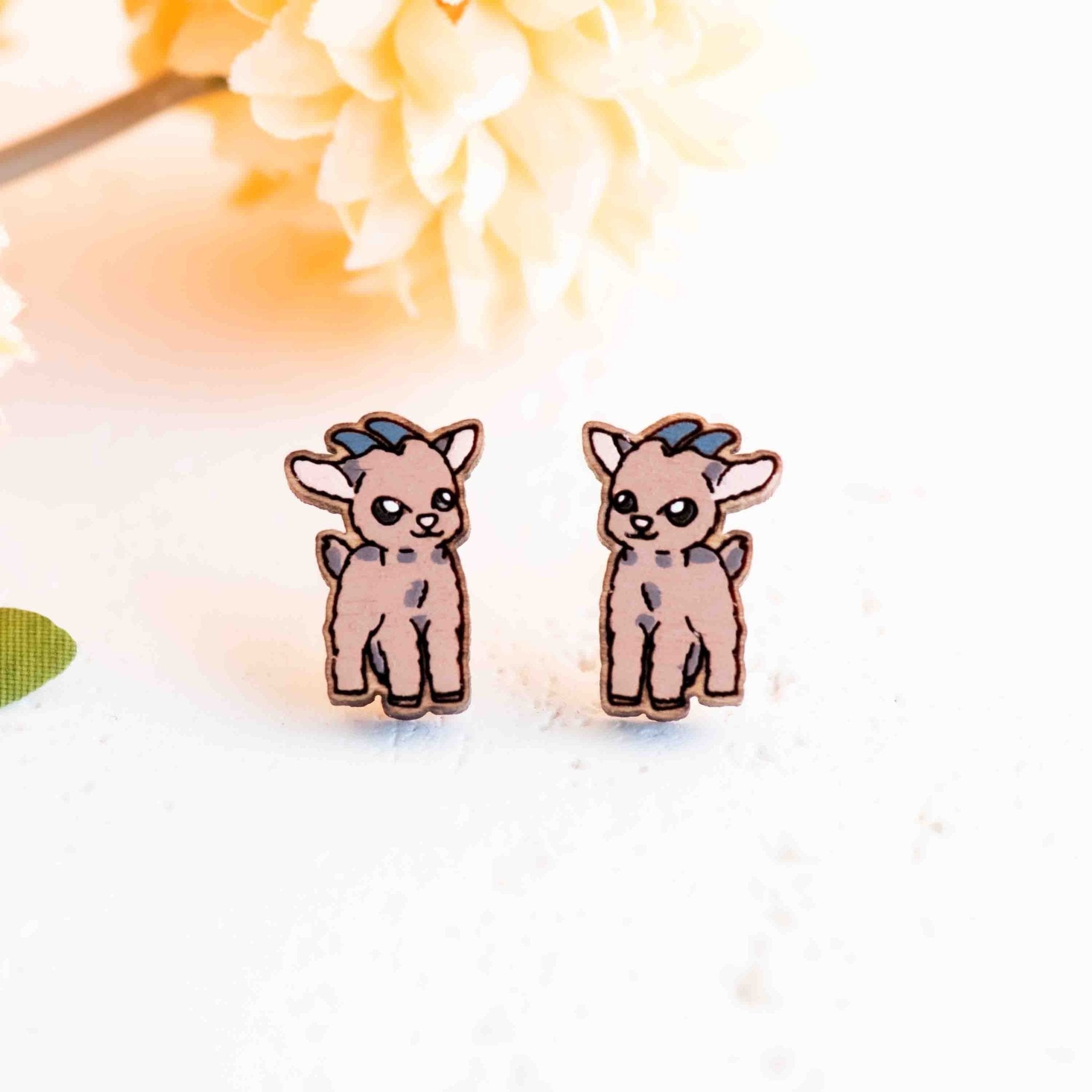 Hand - painted Baby Goat Wooden Stud Earrings - PEL10416 / PEL10417 - Robin Valley Official Store