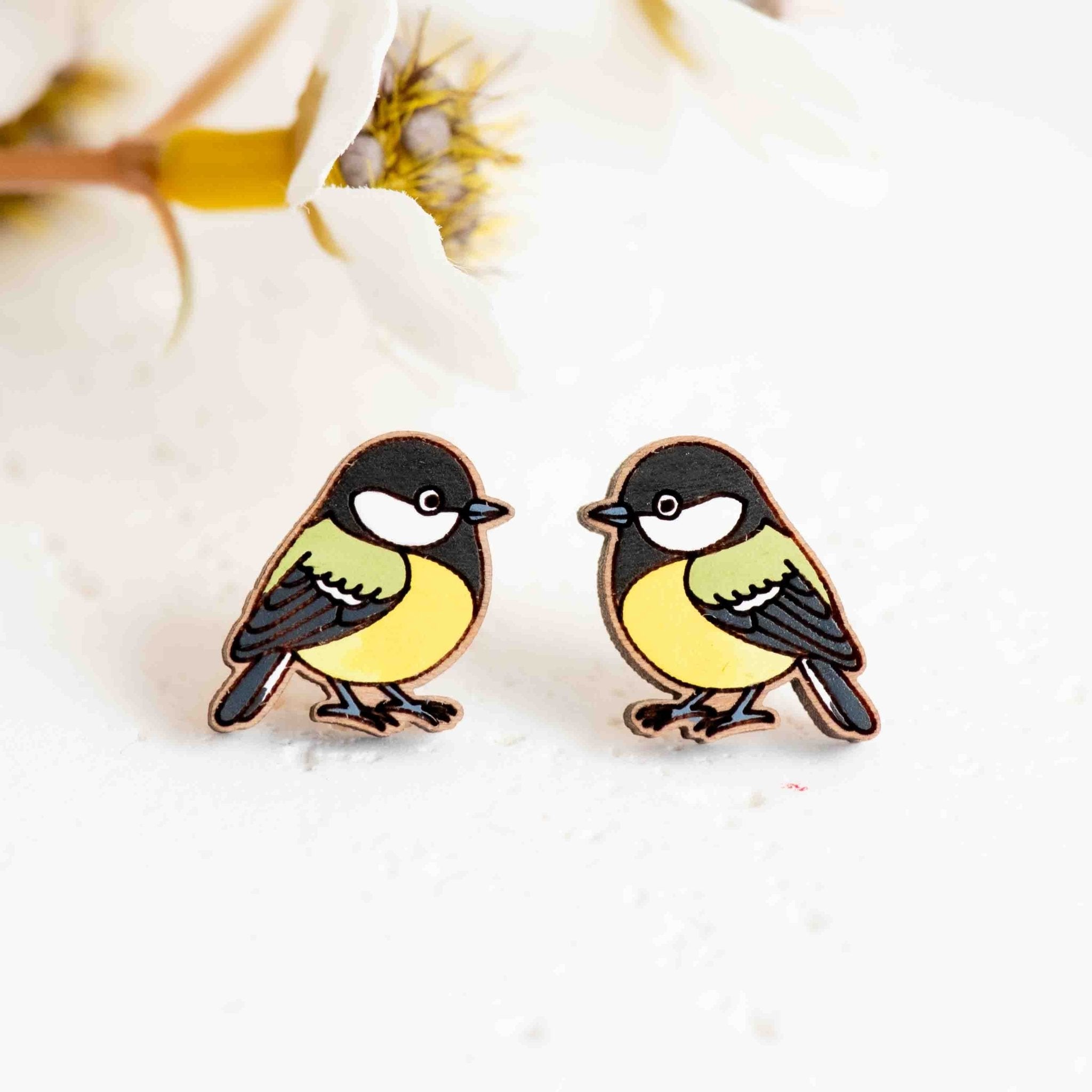 Hand - painted Baby Great Tit Bird Wooden Stud Earrings - PEB12119 - Robin Valley Official Store
