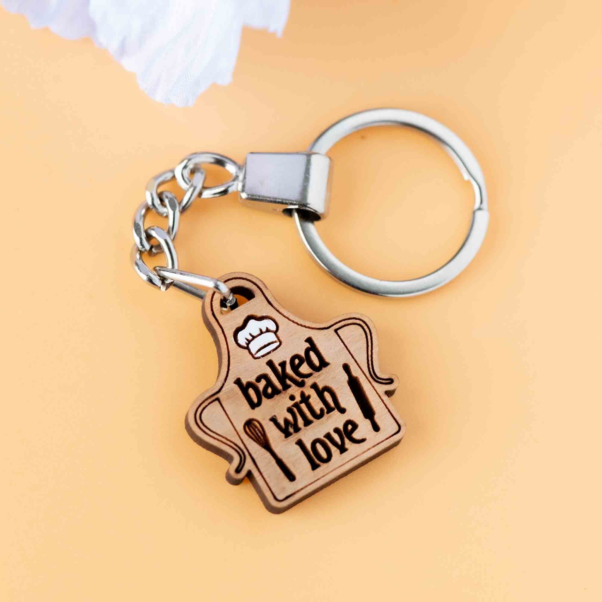 Hand - painted Baked with Love Apron Wooden Keyring - KT25277 - Robin Valley Official Store