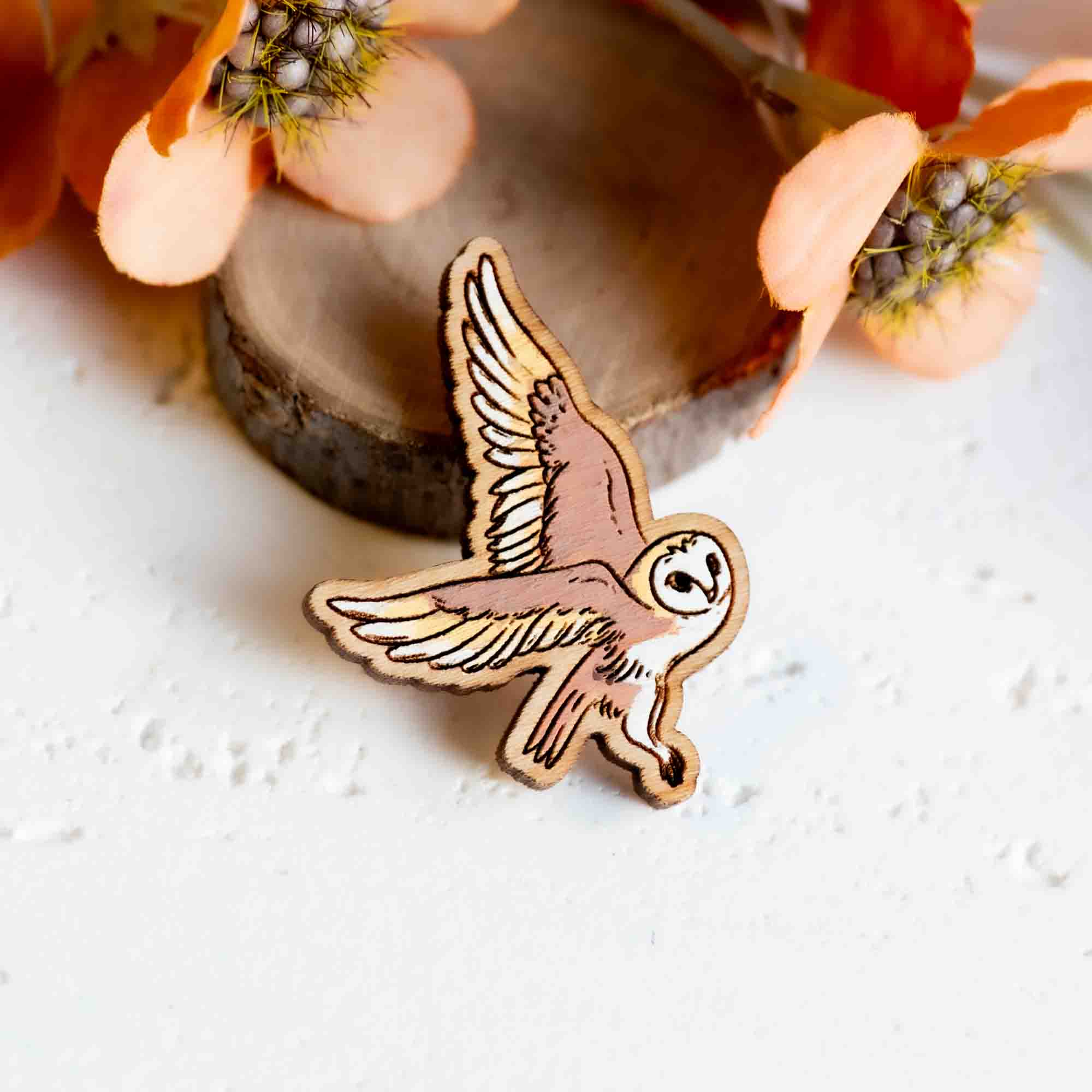 Hand - painted Barn Owl Wooden Pin Badge - PB42072 - Robin Valley Official Store