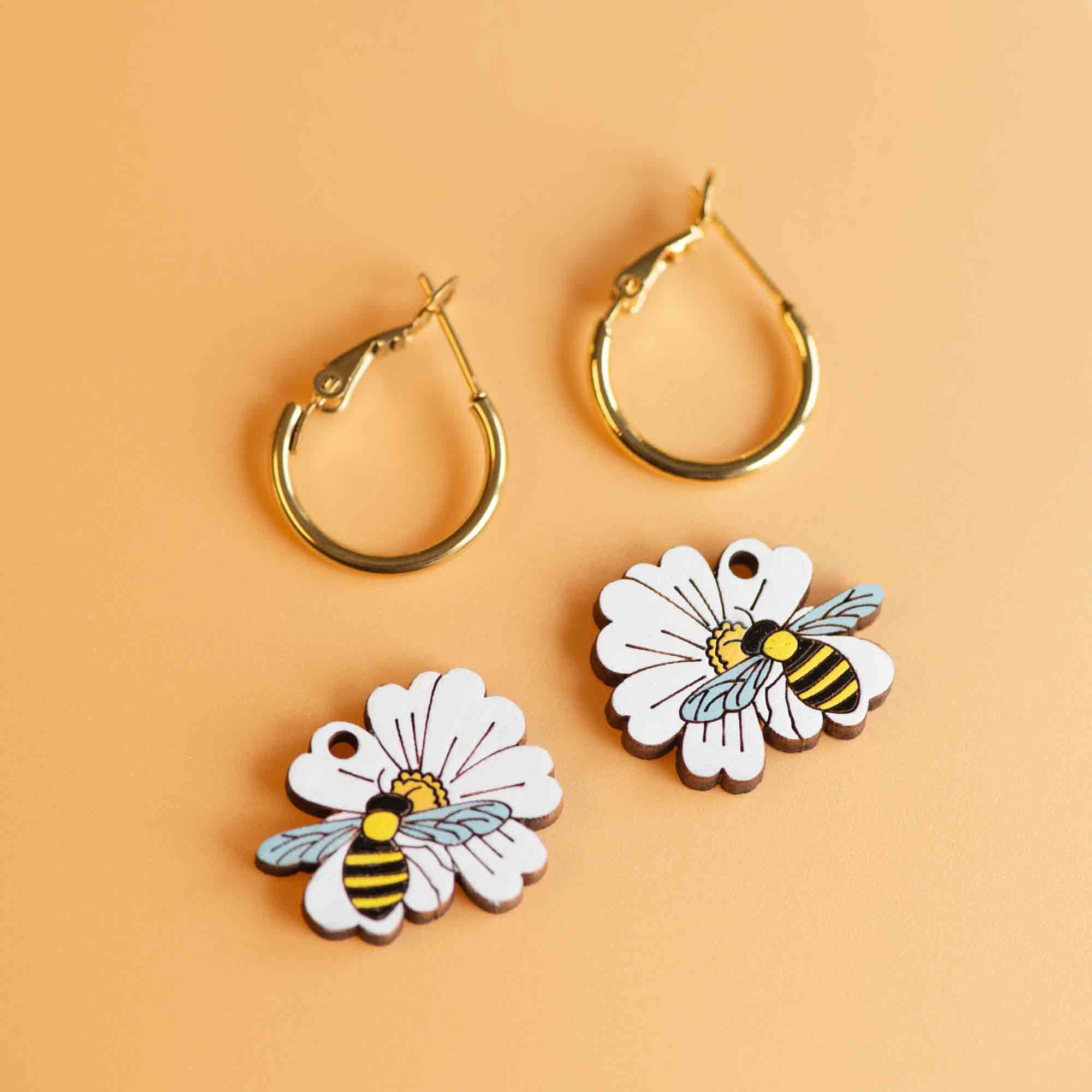 Hand - Painted Bee and Flower Hoop Earrings - PEO14119H - Robin Valley Official Store