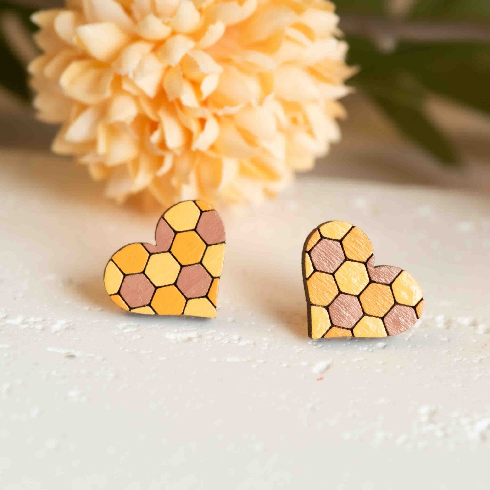 Hand - painted Bee Hive Heart Wooden Earrings - PEA16052 - Robin Valley Official Store