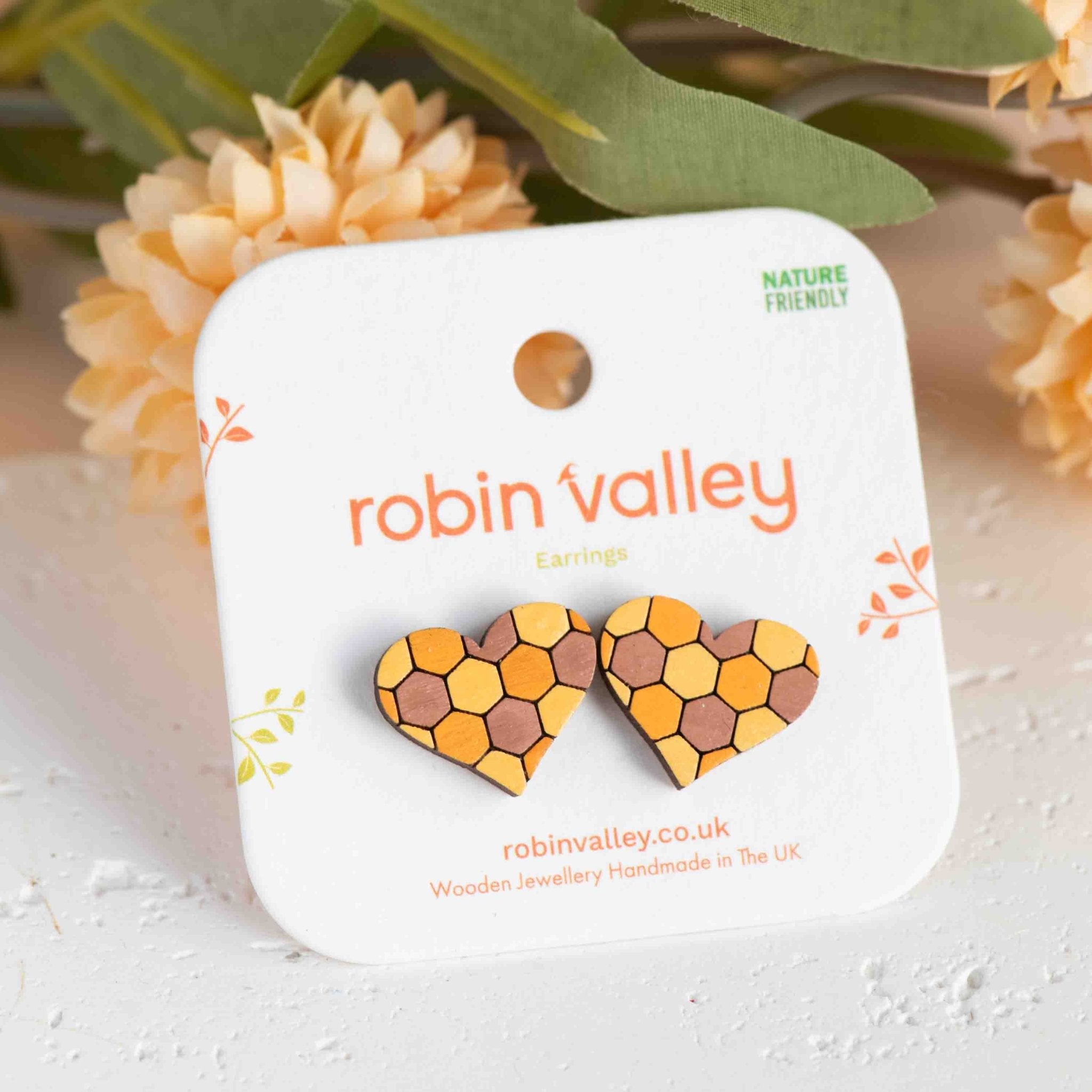 Hand - painted Bee Hive Heart Wooden Earrings - PEA16052 - Robin Valley Official Store