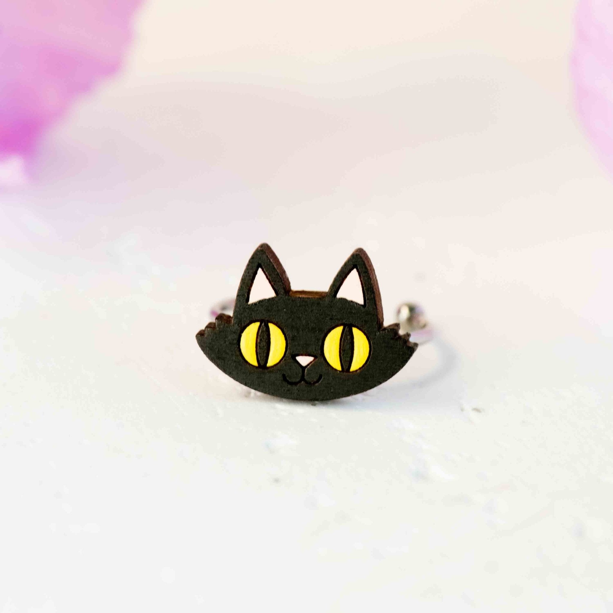 Hand - Painted Black Cat Adjustable Wooden Ring - RL70085B - Robin Valley Official Store
