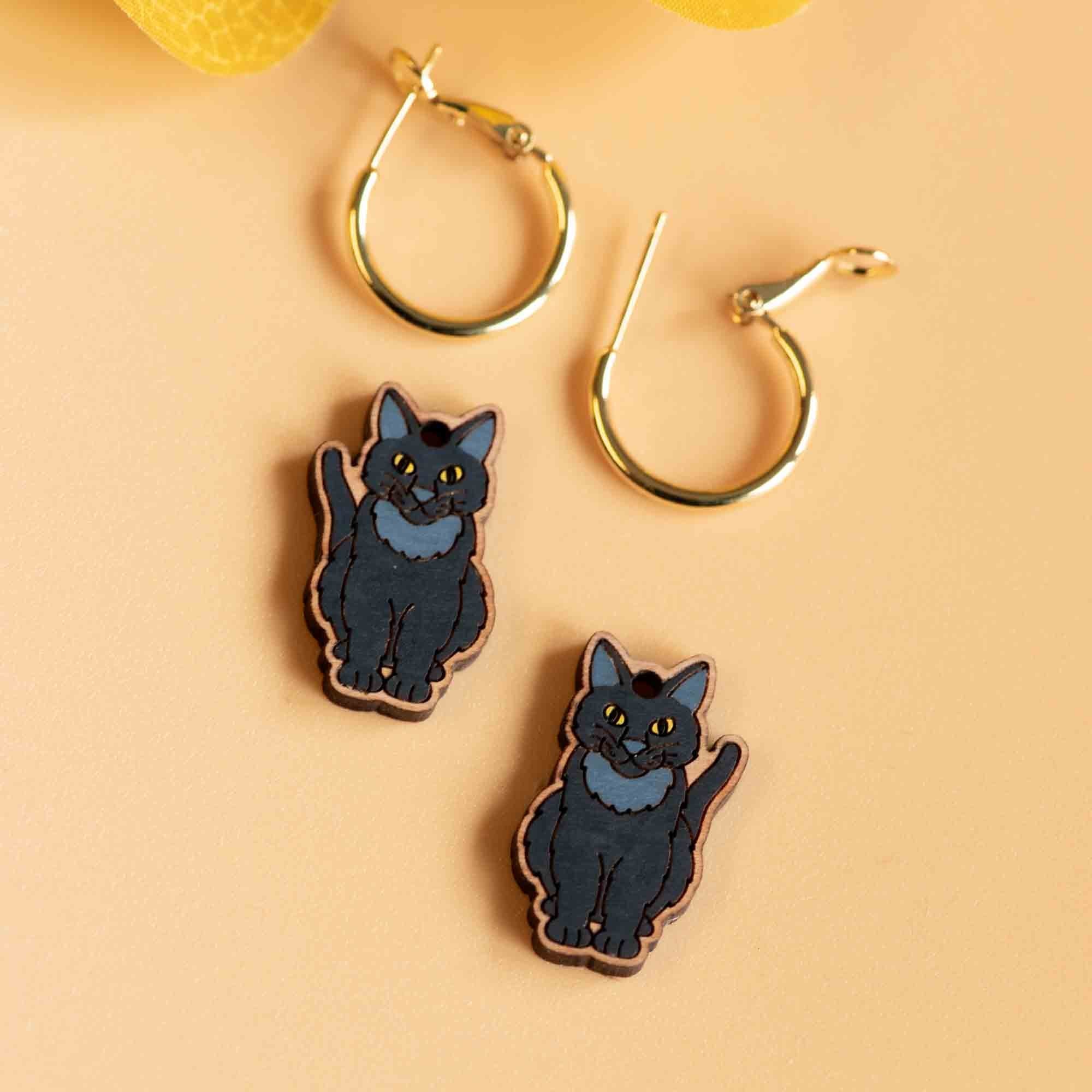 Hand - Painted Black Cat Hoop Earrings - PEL10335H - Robin Valley Official Store