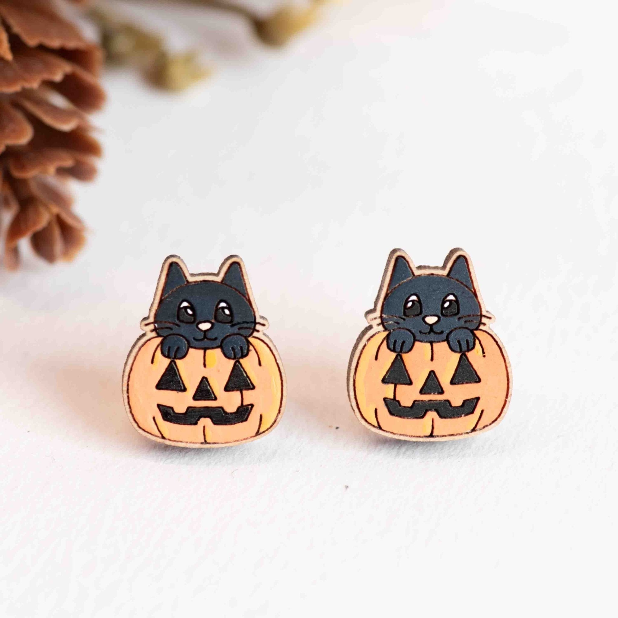 Hand - painted Black Cat in Pumpkin Wooden Stud Earrings - PEL10486 - Robin Valley Official Store