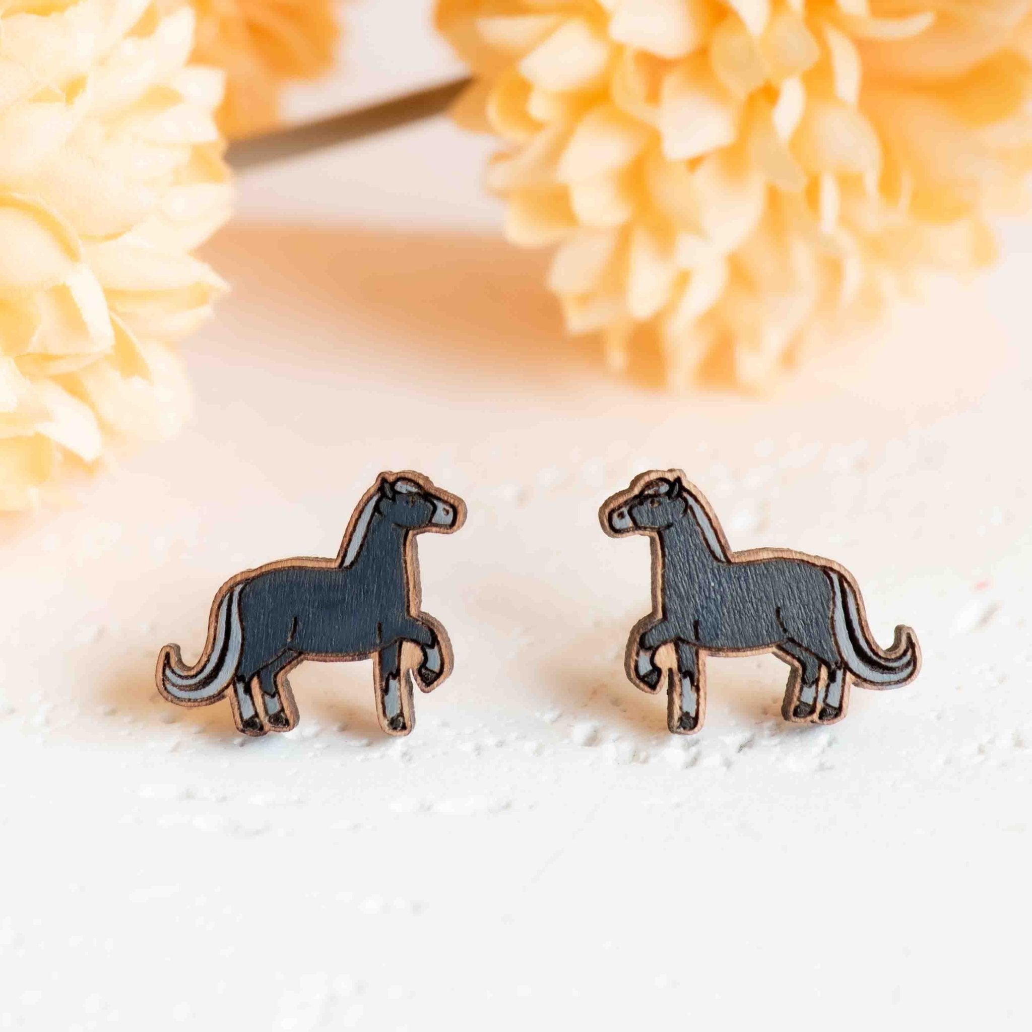 Hand - painted Black Horse Wooden Stud Earrings - PEL10375 - Robin Valley Official Store