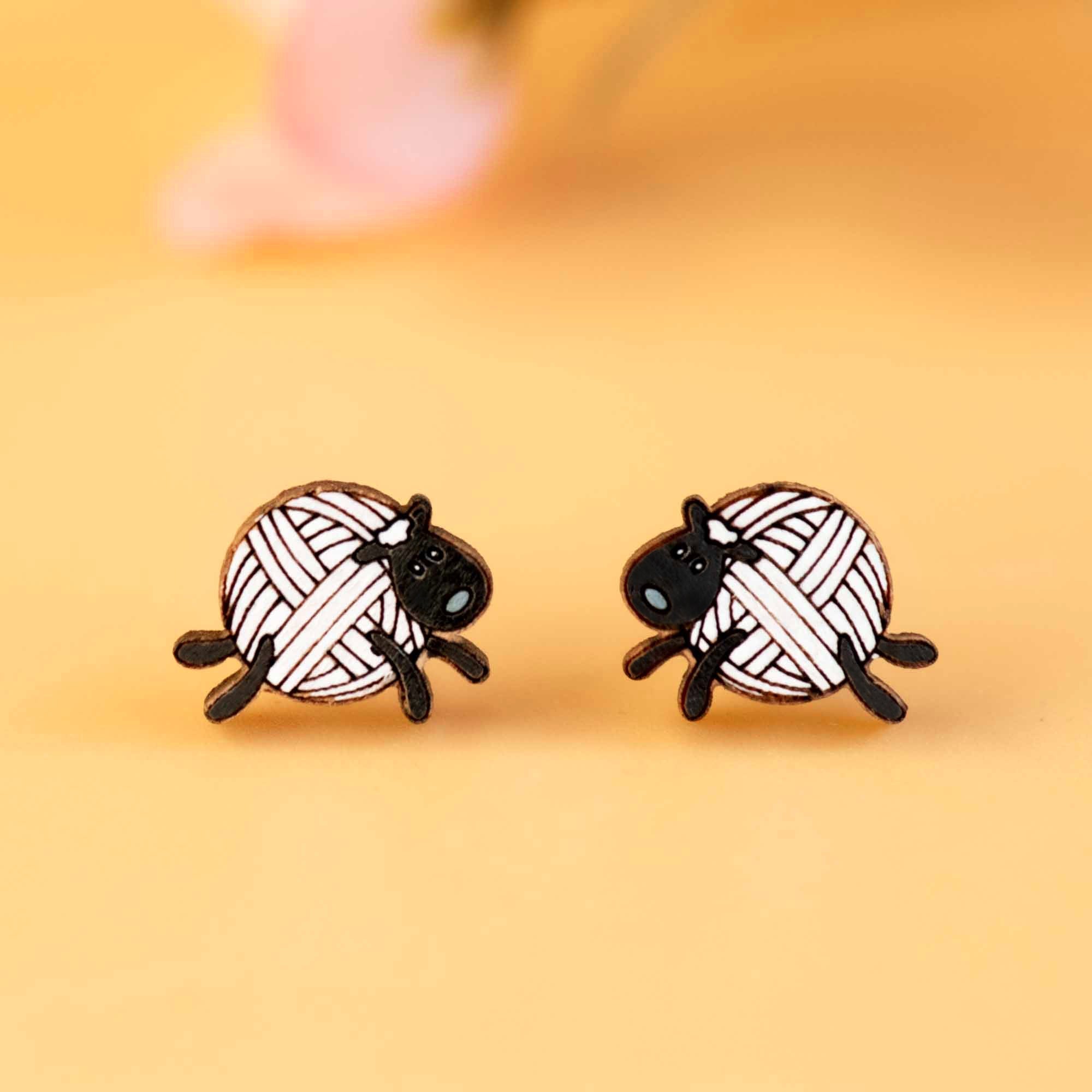 Hand - painted Black Sheep Yarn Wooden Earrings - PEL10333 - Robin Valley Official Store