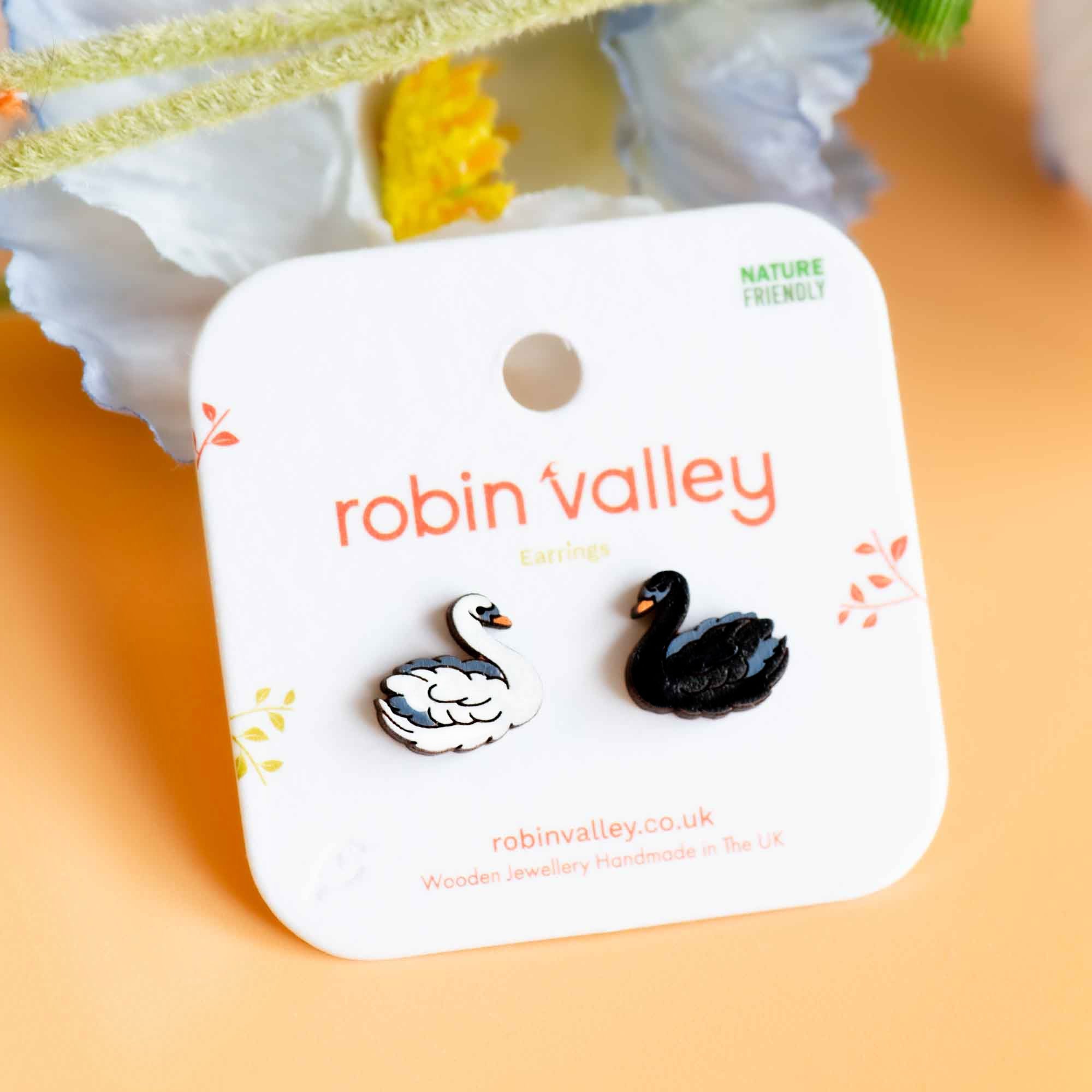 Hand - painted Black & White Swan Wooden Stud Earrings - PEB12060 - Robin Valley Official Store