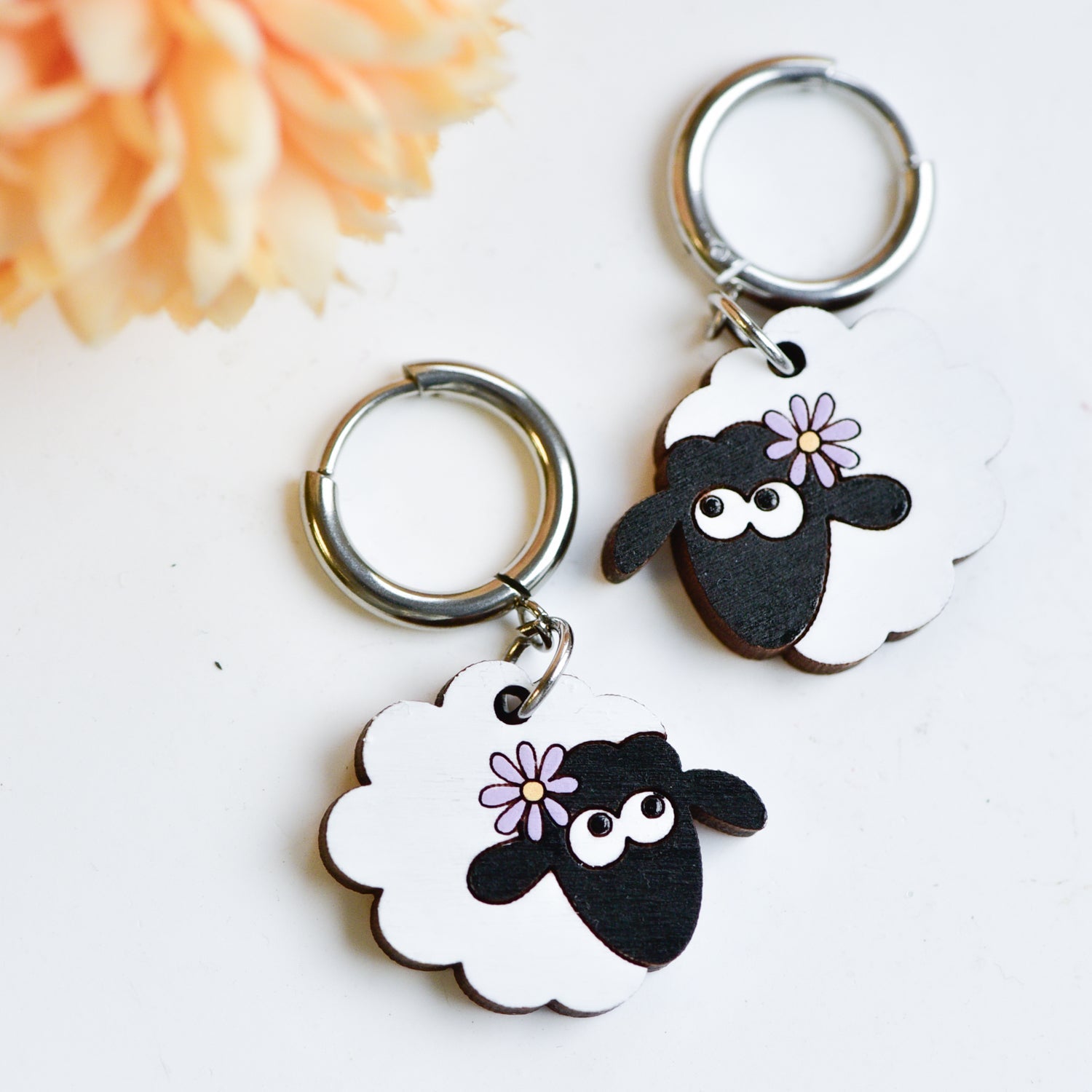 Hand - painted Blackface Sheep With Daisy Wooden Hoop Earrings - PEL10515H - Robin Valley Official Store