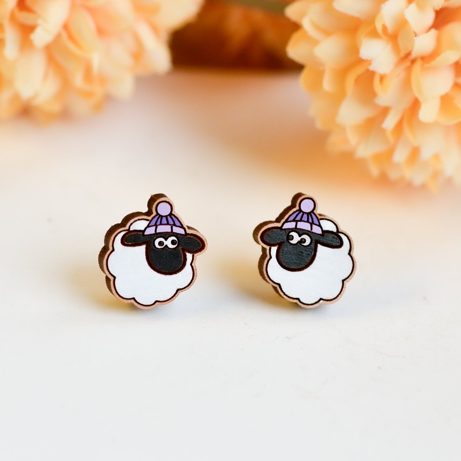 Hand - painted Blackface Sheep with Hat Wooden Earrings - PEL10511 - Robin Valley Official Store