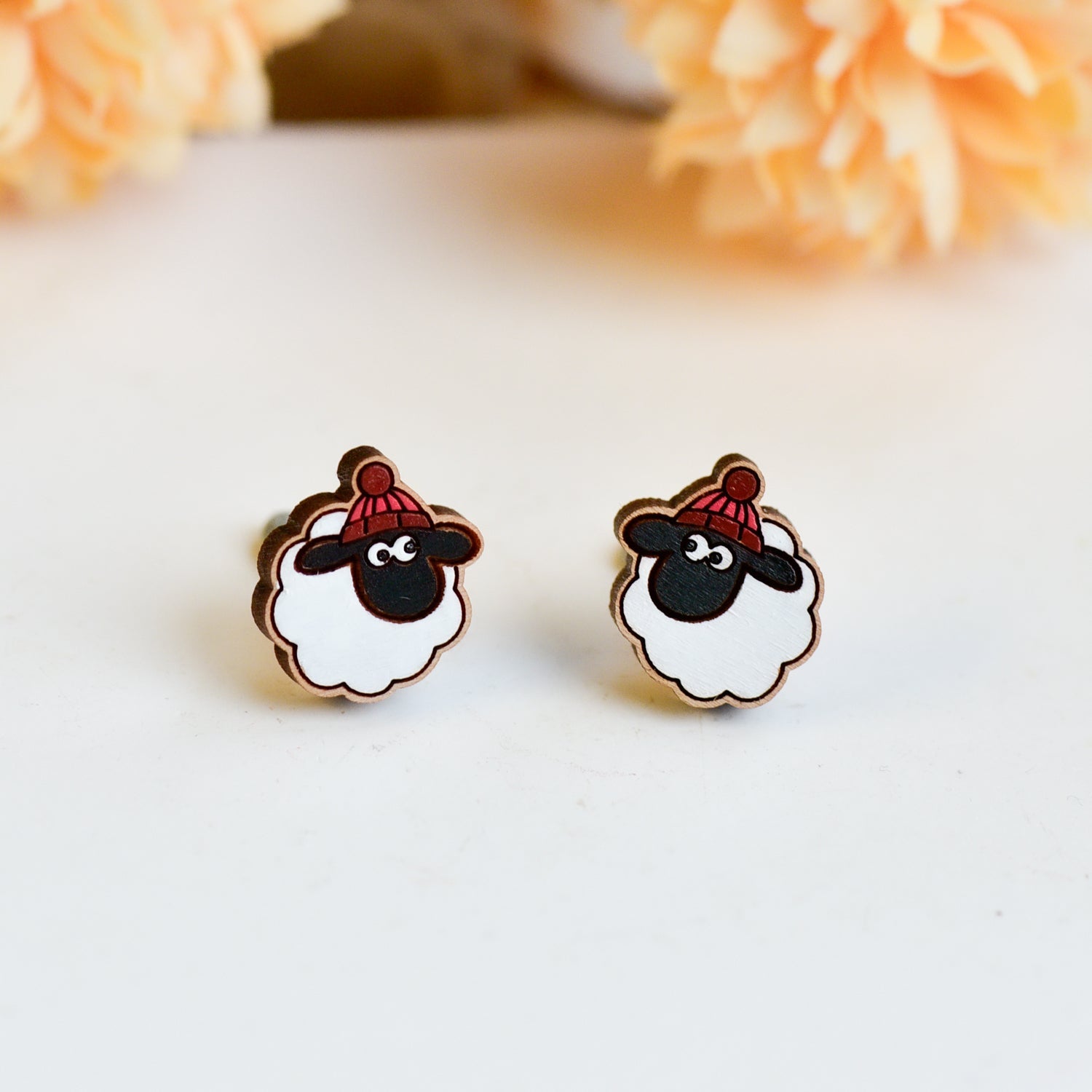 Hand - painted Blackface Sheep with Hat Wooden Earrings - PEL10511 - Robin Valley Official Store