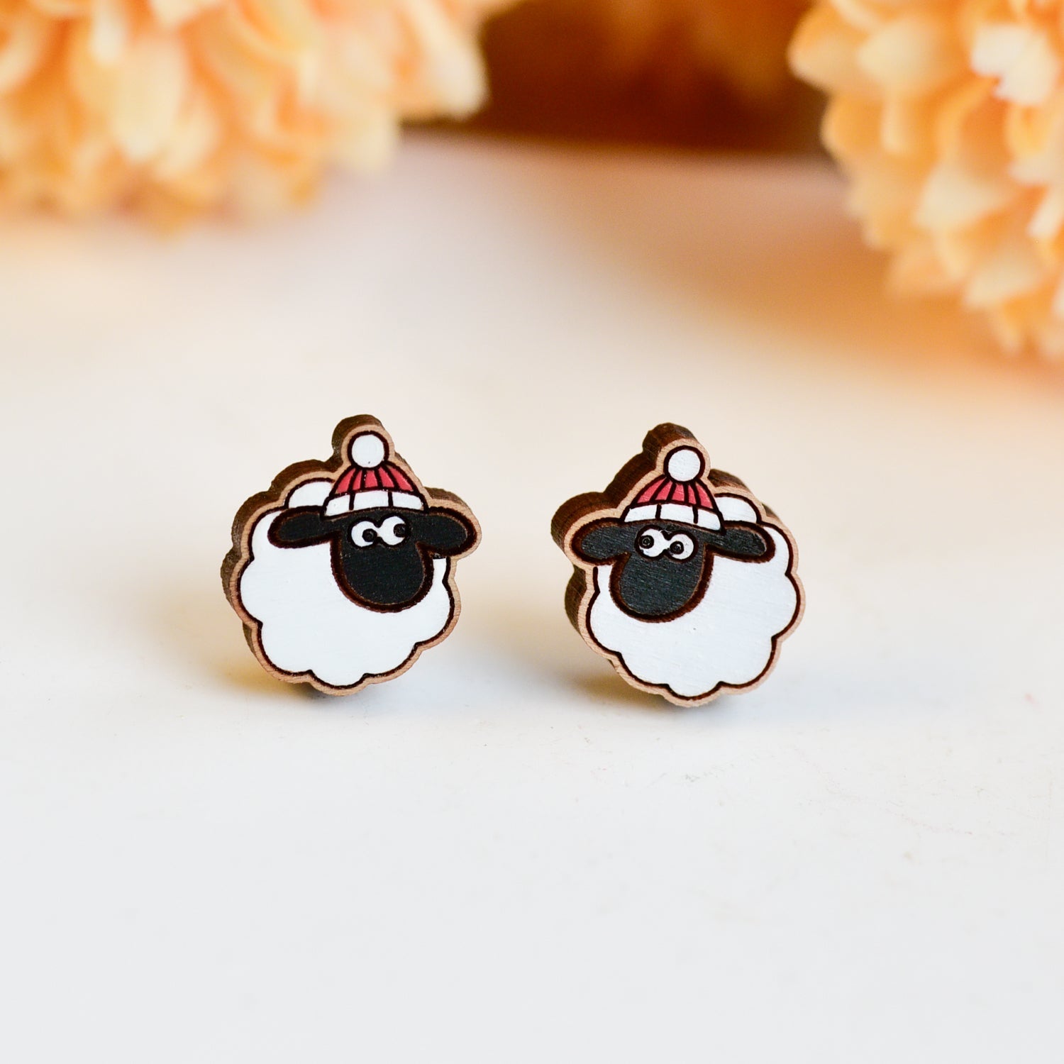 Hand - painted Blackface Sheep with Hat Wooden Earrings - PEL10511 - Robin Valley Official Store