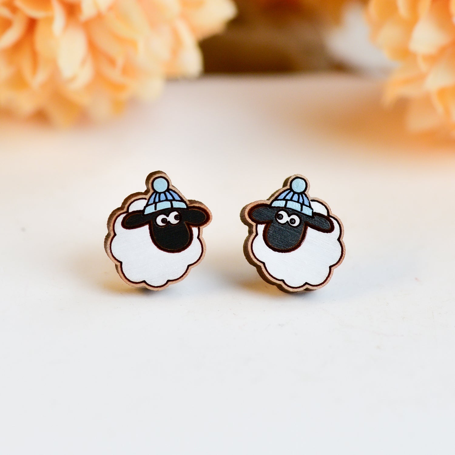 Hand - painted Blackface Sheep with Hat Wooden Earrings - PEL10511 - Robin Valley Official Store