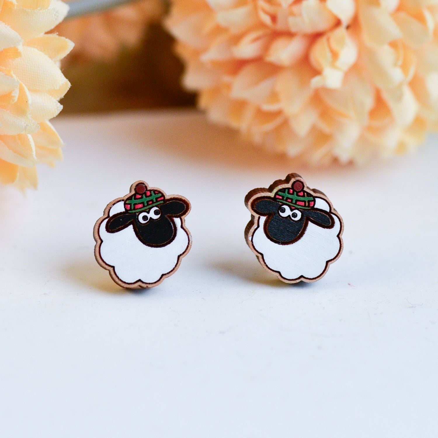 Hand - painted Blackface Sheep with Scottish Hat Wooden Earrings - PEL10517 - Robin Valley Official Store