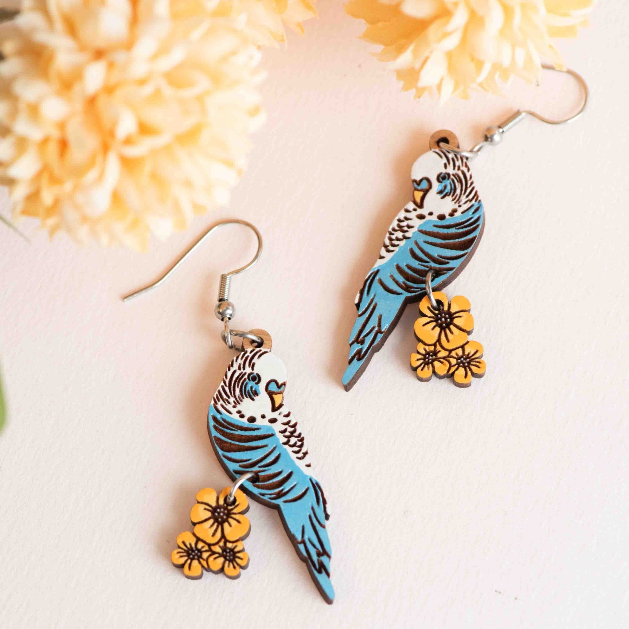 Hand - painted Blue Budgerigar Wooden Hook Earrings - PEB12120D - Robin Valley Official Store