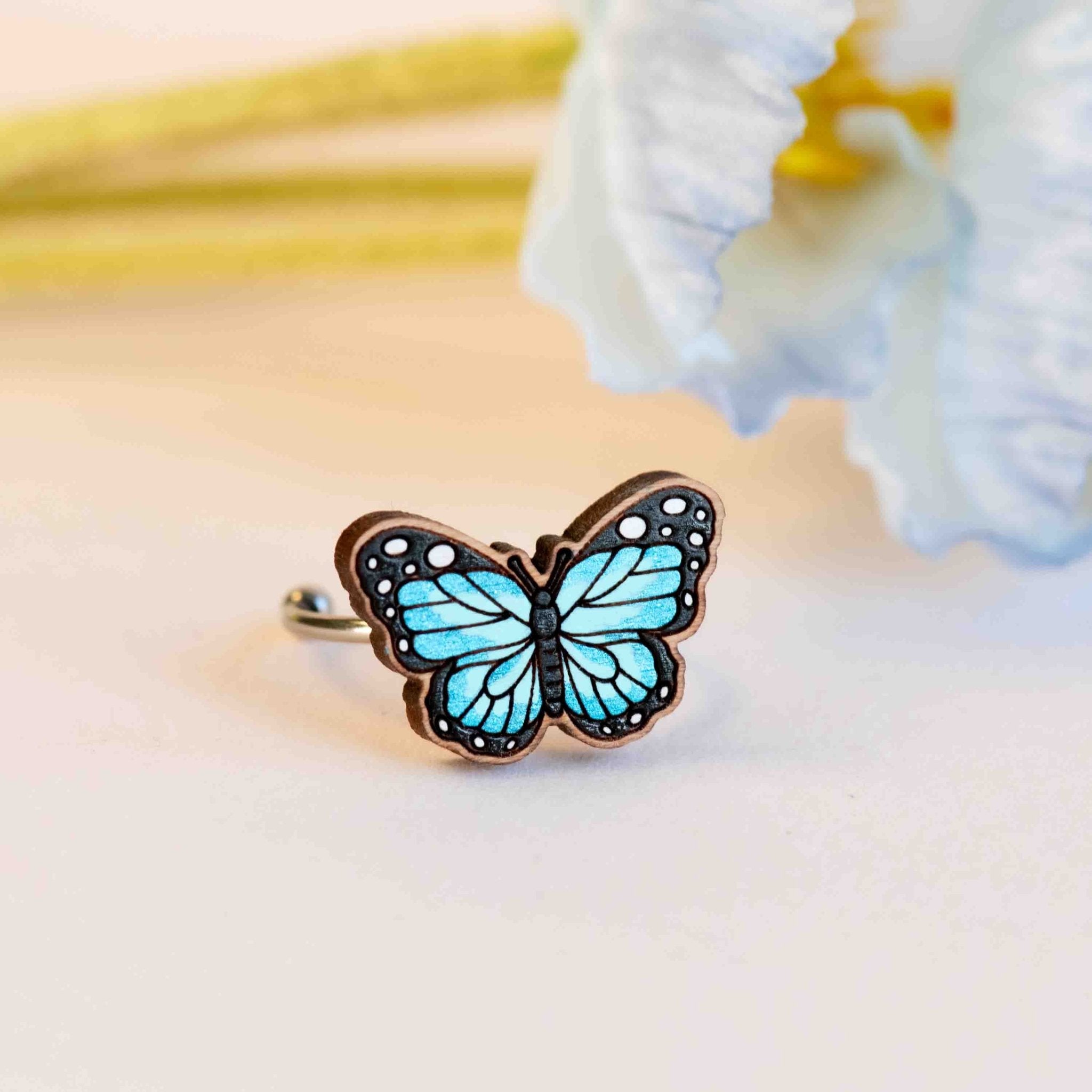 Hand - Painted Blue Butterfly Adjustable Wooden Ring - RO74127 - Robin Valley Official Store